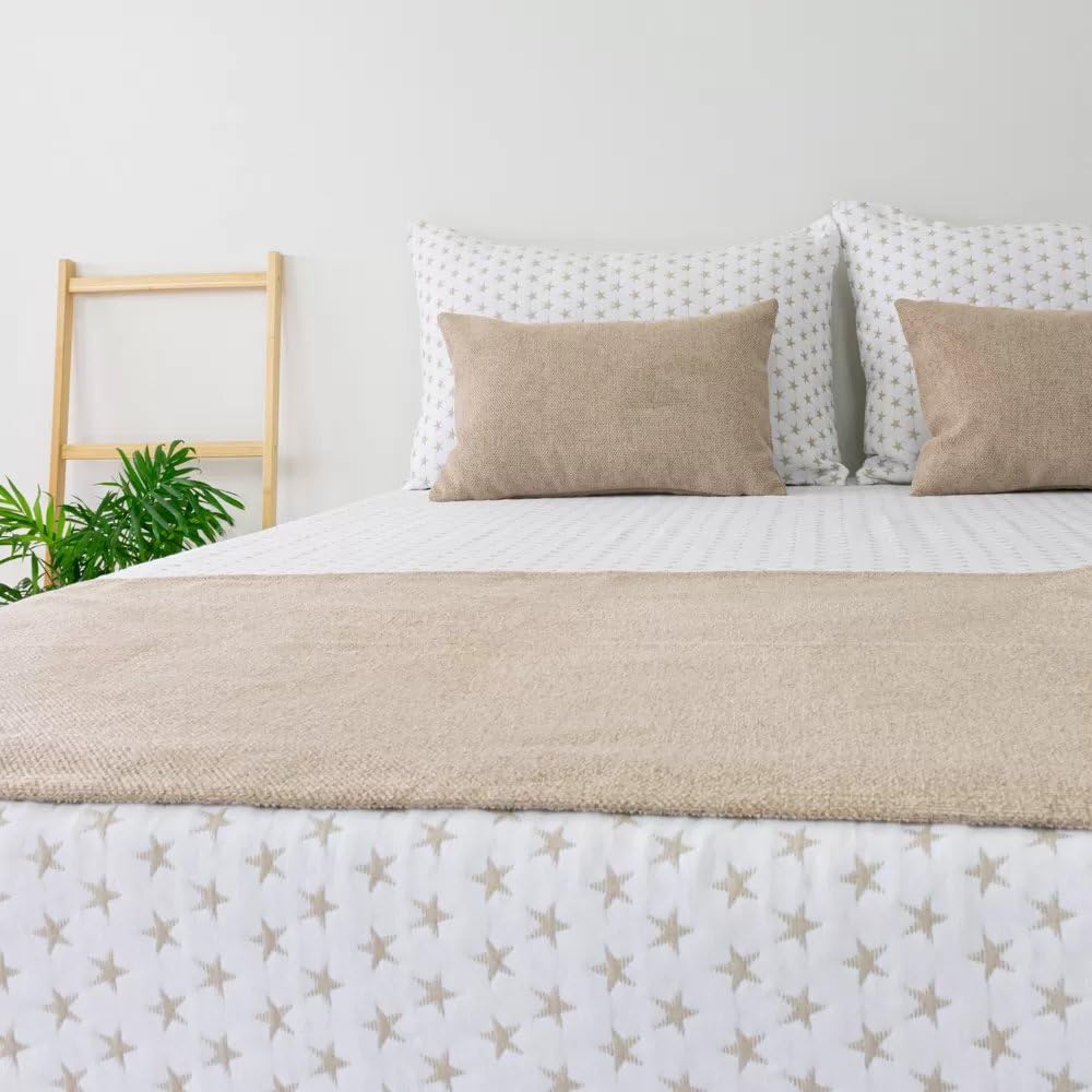 Casa da Laura - Colcha Marrón Claro para Camas 150/160 - Colcha 240 x 270 cm - Colcha Reversible con Estrellas - 50% Algodón 50% Poliéster