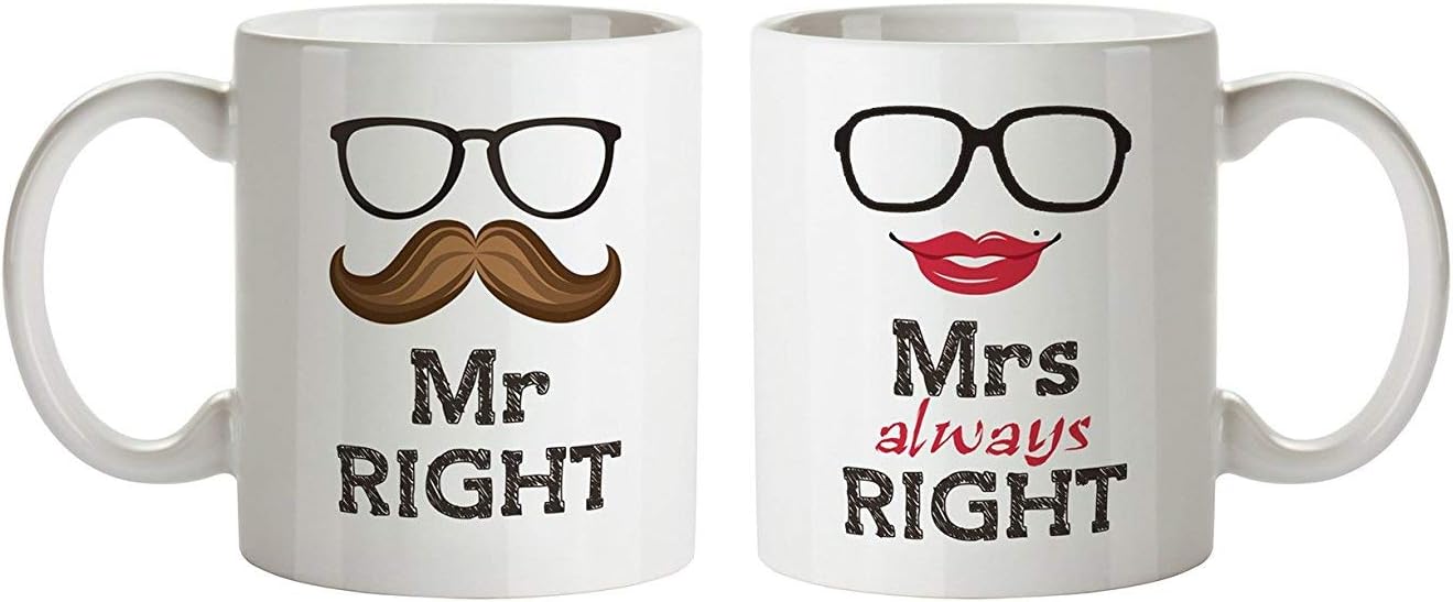 Youth Style Mr. and Mrs. Right Ceramic Couple Coffee Mug, 330ml(Multicolour) - Set of 2