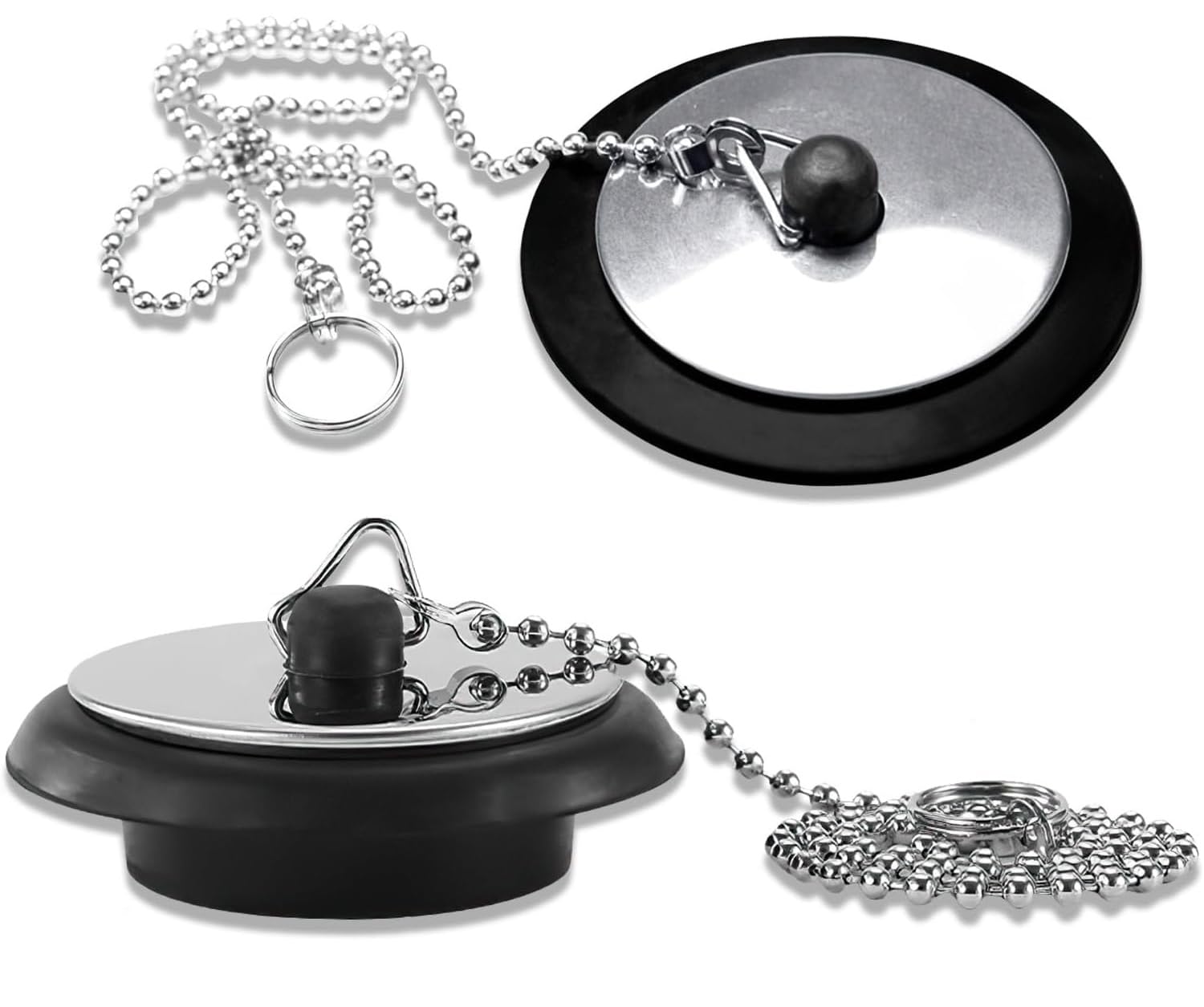 2 Pcs Bath Plug Replacement, Bath Plug and Chain, Black Rubber, Drain Stopper for Bathroom and Kitchen, for Bathroom,Kitchen(Size 1.65in to 1.77in, Stainless Steel Chain 16.5in)