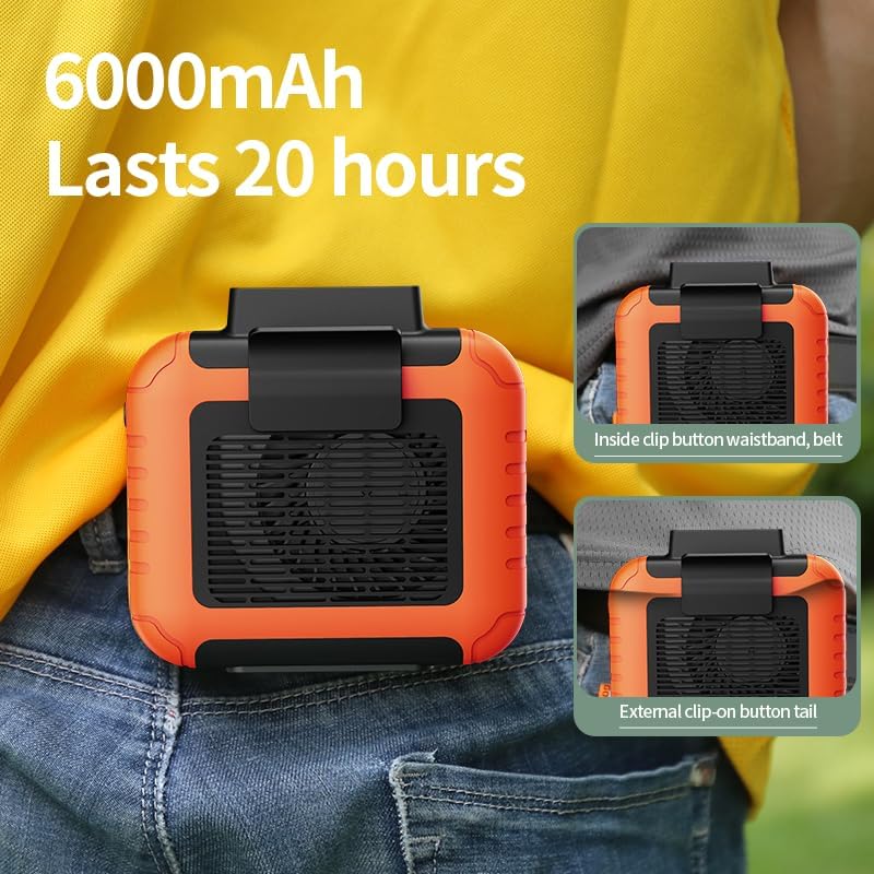Portable Waist Fan, Hanging Waist Fan, with 6000mAh Battery, Silent, 3-Speed Adjustable, Waterproof, Ideal for Outdoor & High-Temperature (Green)