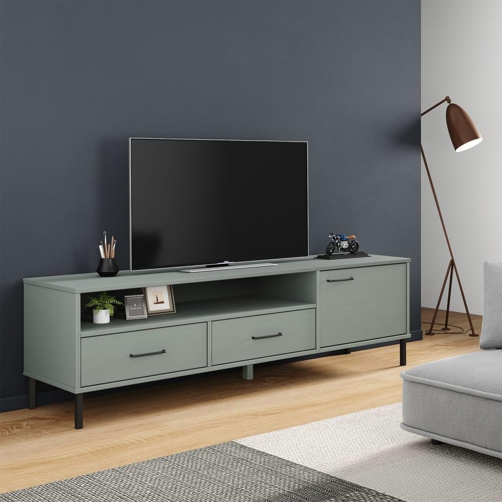 Oslo Mobile TV grigio in legno massiccio di pino, 158 x 40 x 46,5 cm, con gambe in metallo, 2 cassetti, centro di intrattenimento per soggiorno, stabile supporto TV