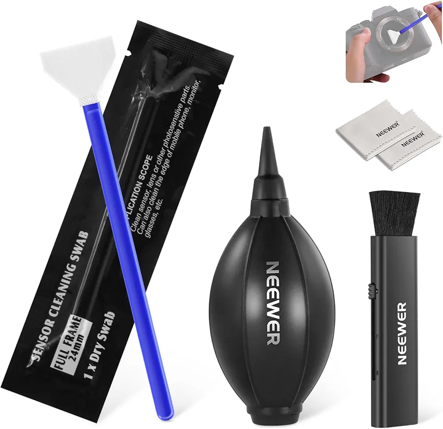 NEEWER 5 en 1 Kit de Nettoyage d'Objectif, 1x Stylo Brosse+1x Souffleur d'air+1x 24mm Tampon pour Capteur Plein Format+2X Chiffons de Nettoyage pour Appareil Électronique, Smartphone, Tablette, HM-43