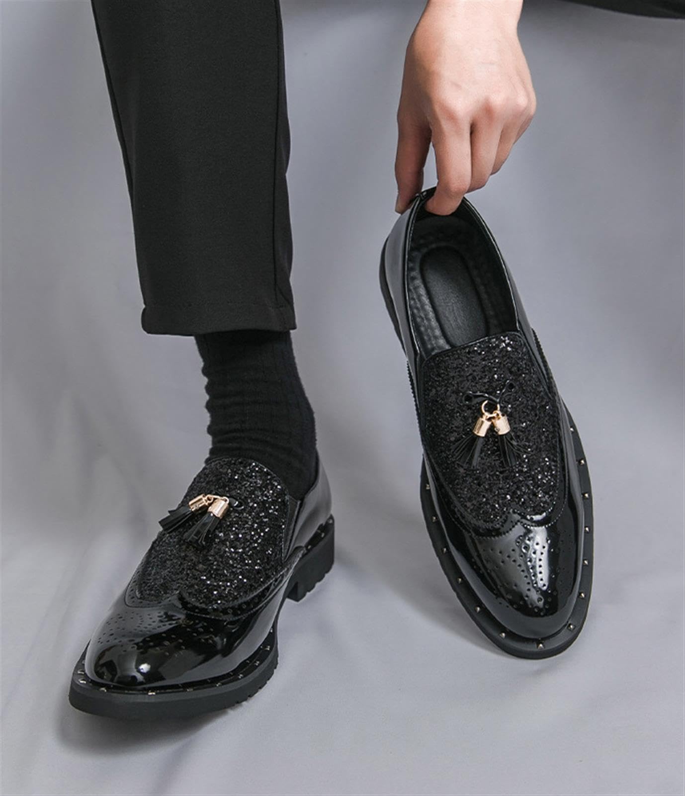 Mocasines de Charol con Purpurina para Hombre Zapatos de Vestir con Borlas Estilo Brogue Brillantes para Boda Fiesta