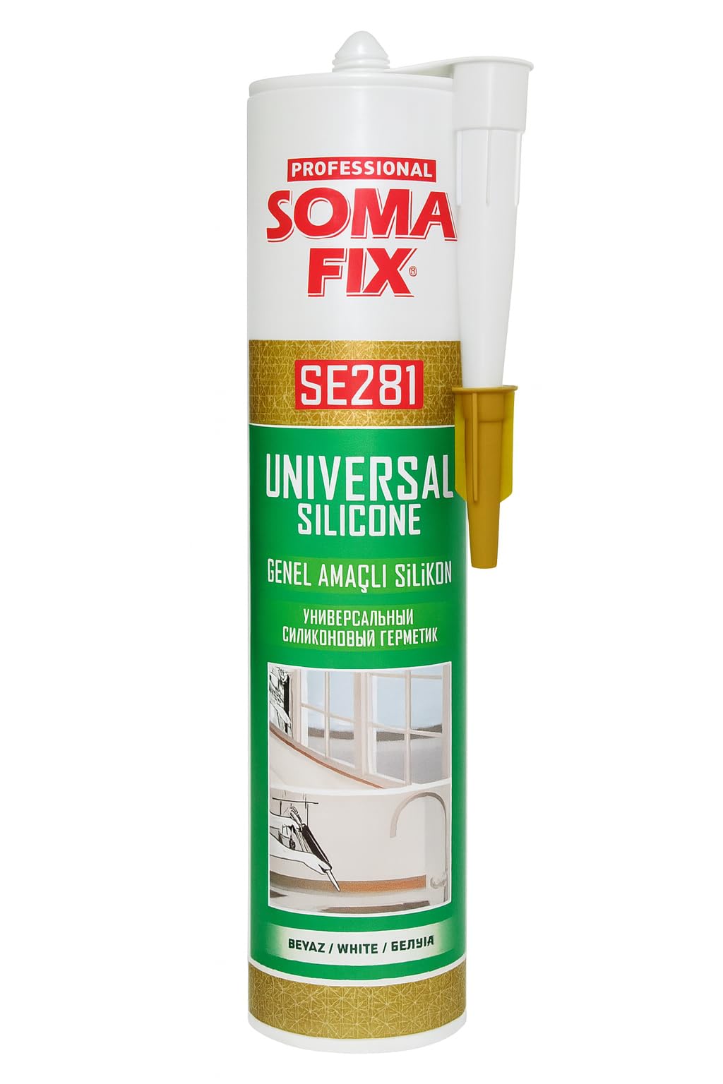 SOMAFIX SE281 Universal Silicone – Beyaz | Genel Amaçlı Silikon Mastik | Su Geçirmez, Esnek, Hızlı Kuruyan – Banyo, Mutfak, Kapı, Pencere, Seramik ve PVC İçin