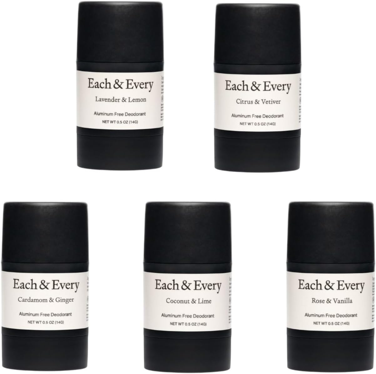 Each & EveryAll Natural Deodorant - Aluminum Free Deodorant for Women & Men - The Mini Starter Set - Sensitive Skin Friendly Multipack - Travel Size (5 Pack, 0.5 Oz)