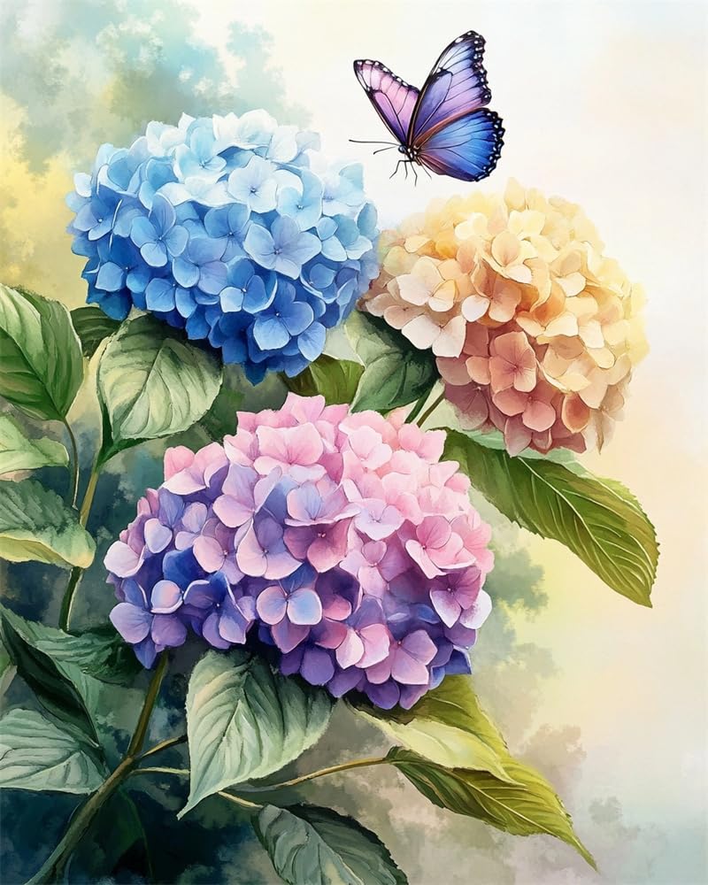 Henypt Stamped Cross Stitch Kits - Hydrangeas Colorful Printed Easy Pattern Needlepoint Kits Embroidery Crafts for Adults Beginners Gift