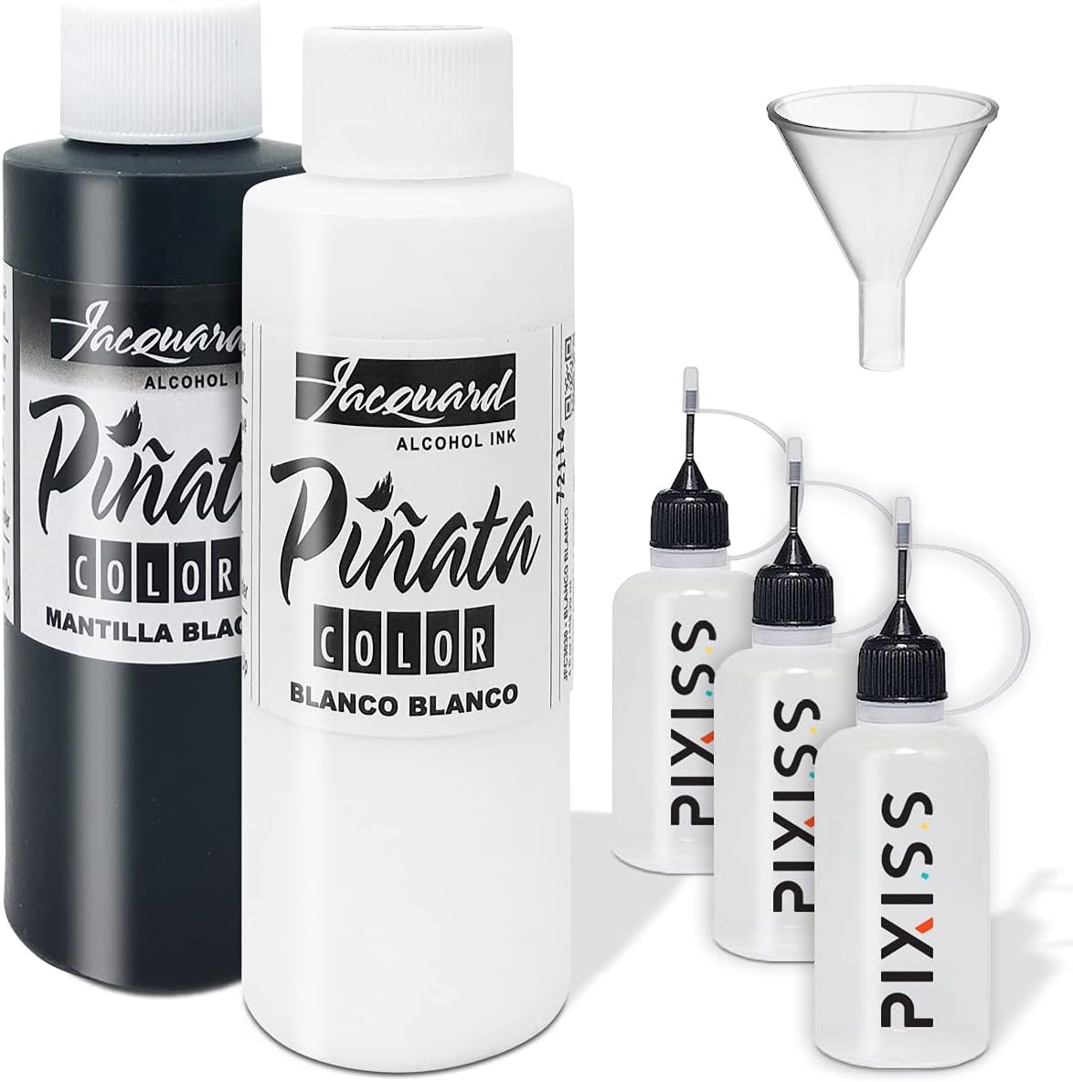 Jacquard Pinata Metals Bundle - Silver and Rich Gold Colors (4-Ounce Bottles), 3 Pixiss 20ml Needle Tip Applicator and Refill Bottles and 1.5 inch Funnel Bundle for Yupo and Resin