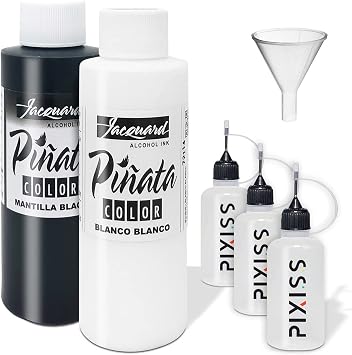 Jacquard Blanco and Mantilla Black Alcohol Ink - Black and White Colors 4-Ounce Bottles, 3 20ml Needle Tip Applicator and Refill Bottles and 1.5 inch Funnel Bundle for Yupo and Resin
