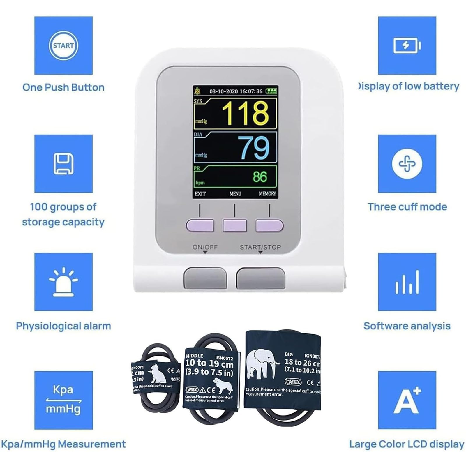 Monitor ciśnienia krwi dla psów i kotów, cyfrowy sfigmomanometr weterynaryjny z 3 opaskami, 2,8-calowy ekran LCD i pamięć do 100 danych. Idealny do użytku domowego i klinik