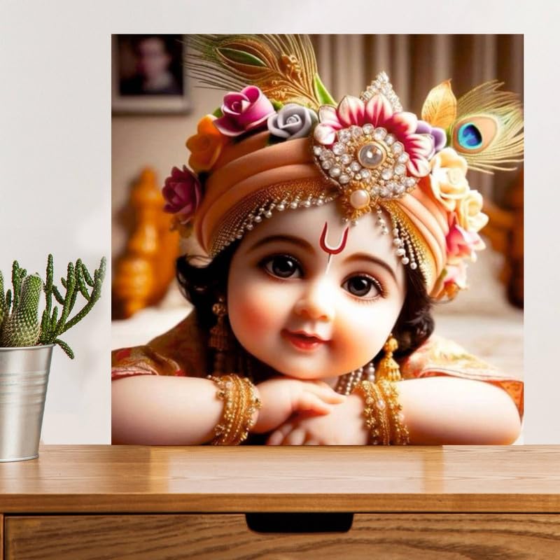 Image of British Terminal Cute little Bal Gopal Baby God Krishna| Kanha Ji | Laddu Lord Makhan Chor Painting Religious Poster for Pregnant Women for wall (matt thin vinyl,sticker,multicolor,unframed)| bj208