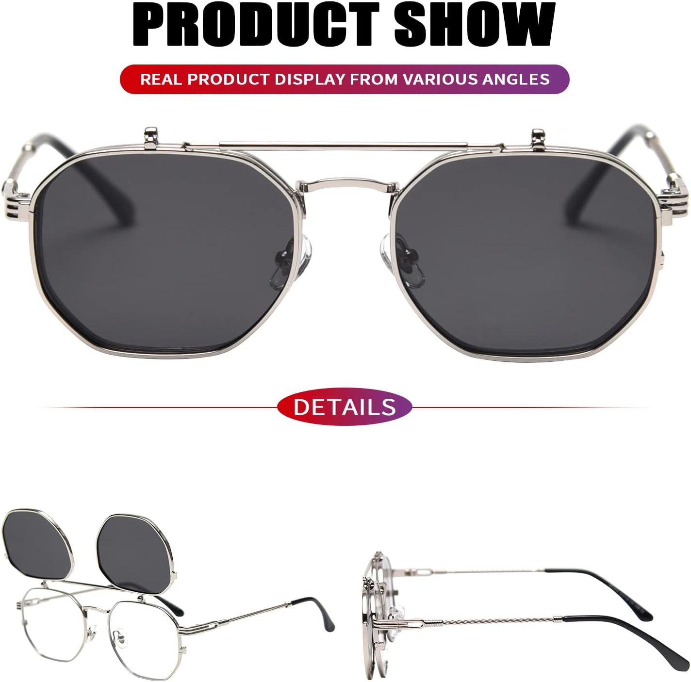 Dollger Flip Up Sunglasses Men Women Polarized Steampunk Flip Sunglasses with Double Lenses