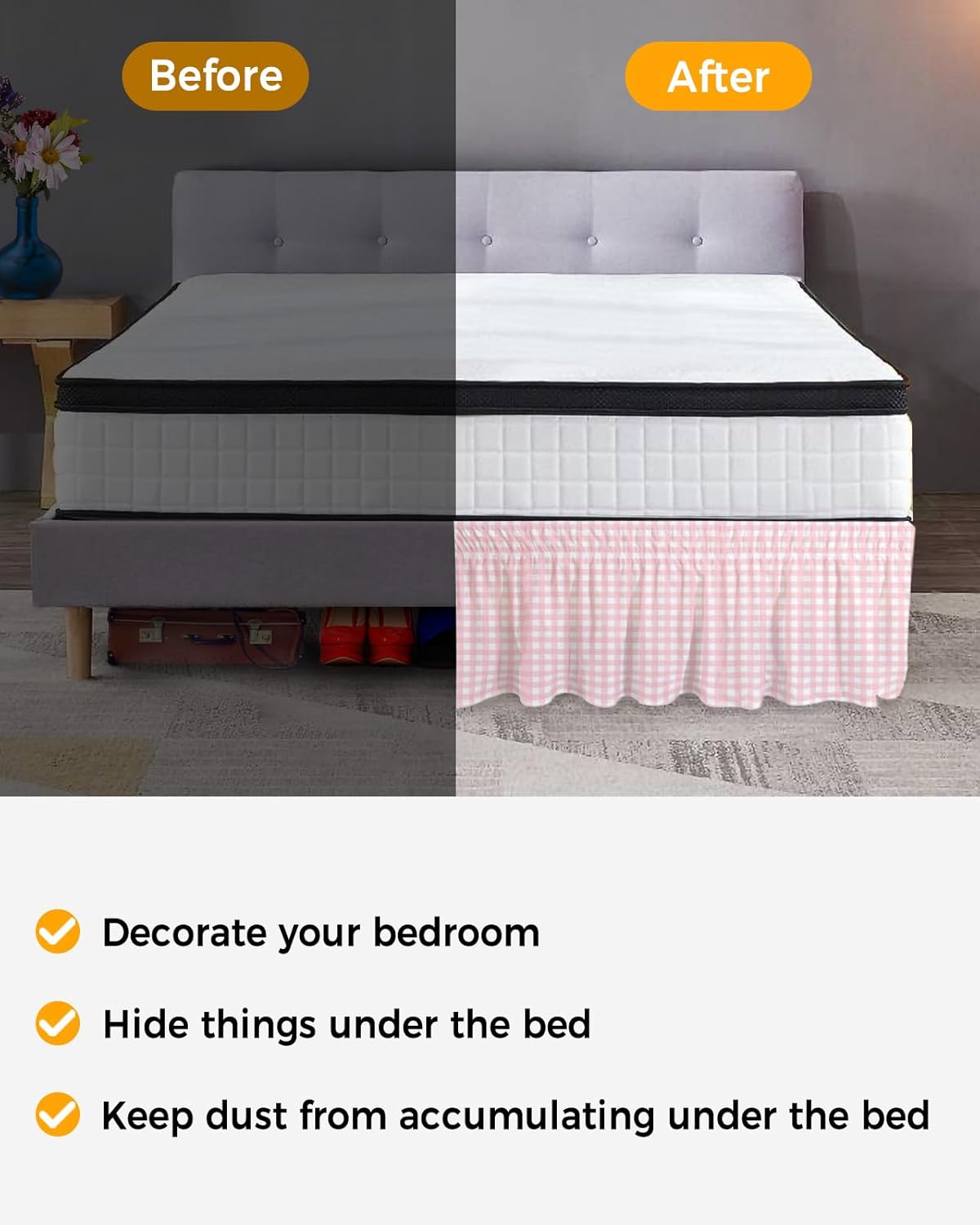 Pink Buffalo Plaid Bed Skirt King Size 16 Inch Drop, Adjustable Elastic Bedskirt Dust Ruffle for King Size Bed, Farmhouse Pink White Checkered Wrap Around Bed Skirts Luxurious Pleated Bed Frame Cover
