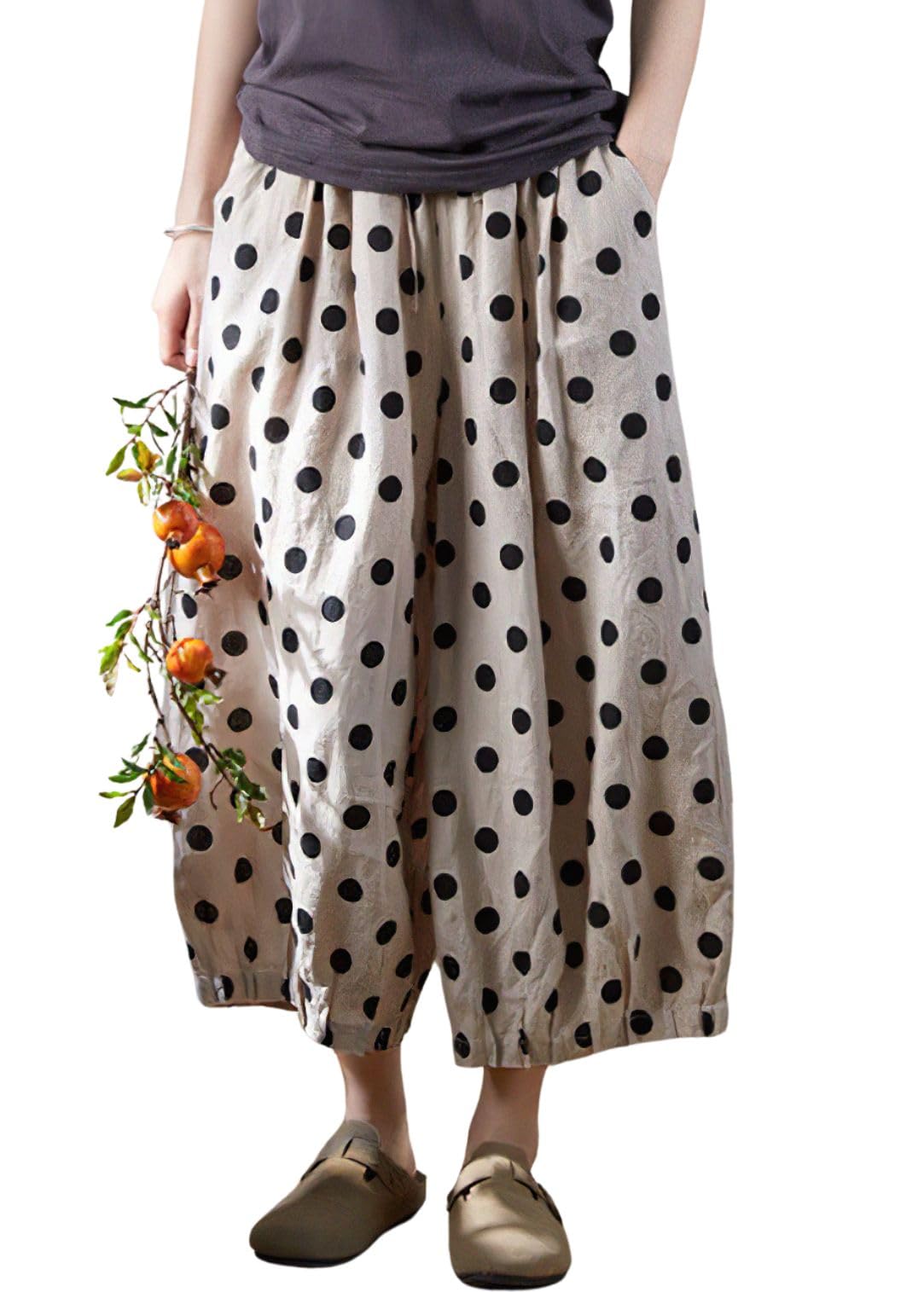 chouyatou Womens Polka Dot Print Elastic Waist Wide Leg Cotton Linen Pants Floral Capri Palazzo Trousers