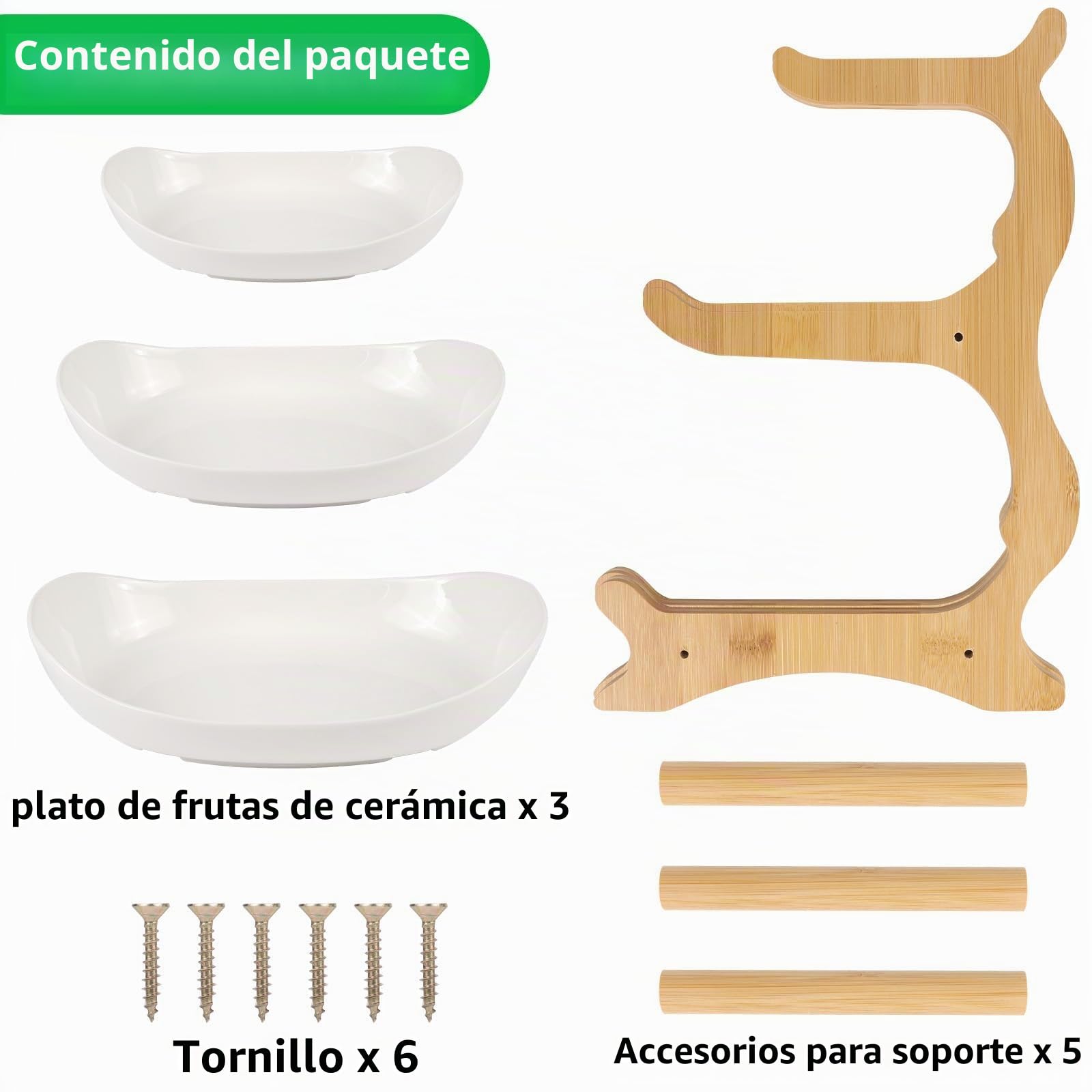 Dreamhigh® Frutero de Cocina Moderno de Cerámica, 3 Pisos Cesta para Frutas y Verduras Estable y Sin Sacudidas, Con Base de Bambú para Sala de Estar