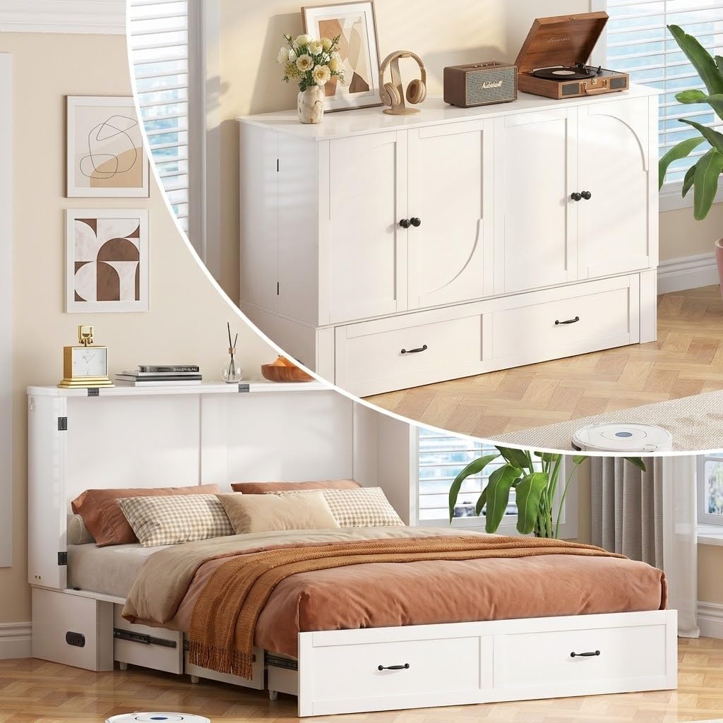 Mjkone 63.39" Width Queen Size Murphy Bed Cabinet with USB Charging Station, Mattress Included, Storage Chest Cabinet Murphy Beds with Foldable Panel for Guest Small Spaces Home Offices, White
