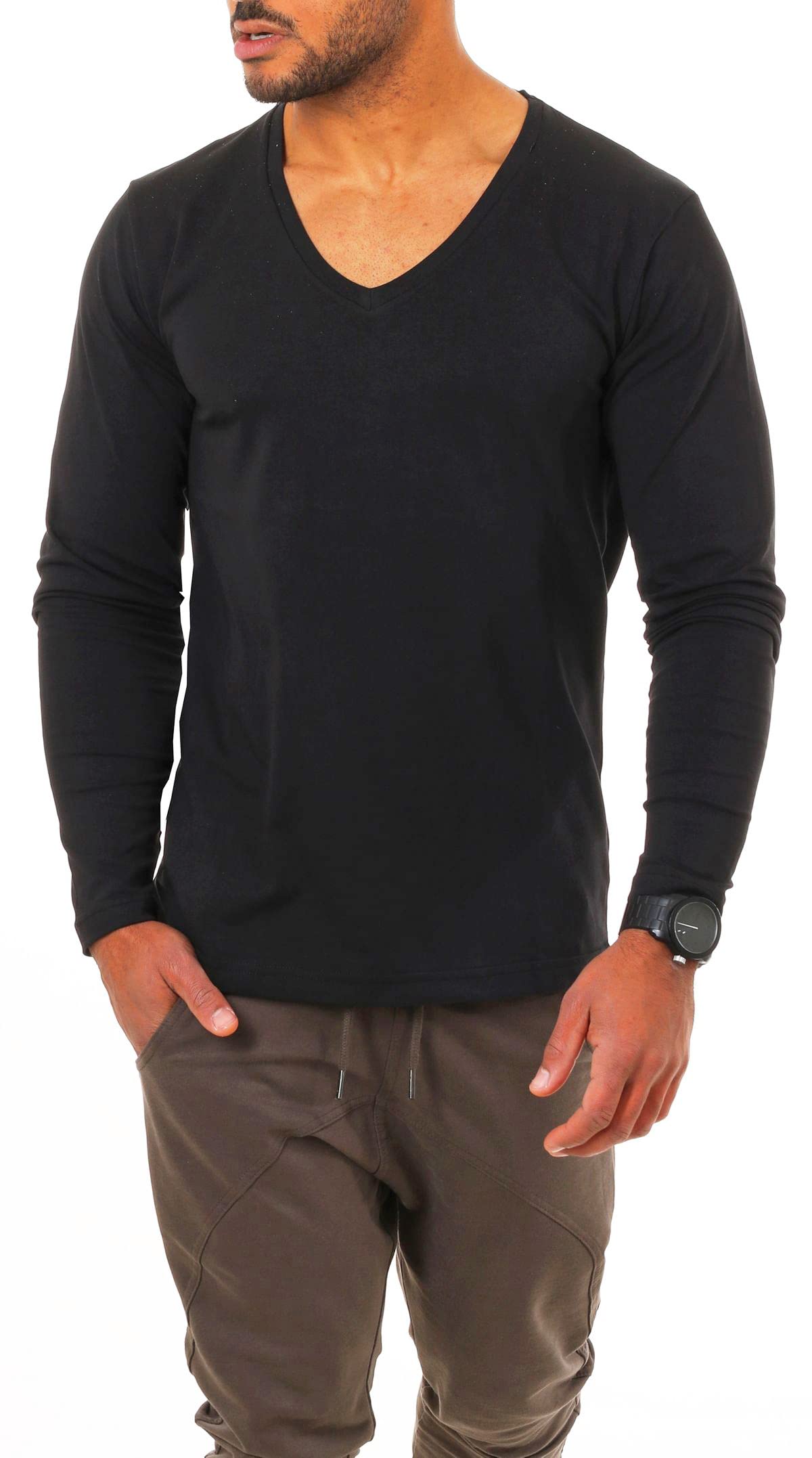Young & Rich Herren Langarm Shirt mit tiefem V-Ausschnitt deep v-Neck Longsleeve Slim fit Stretch 2239