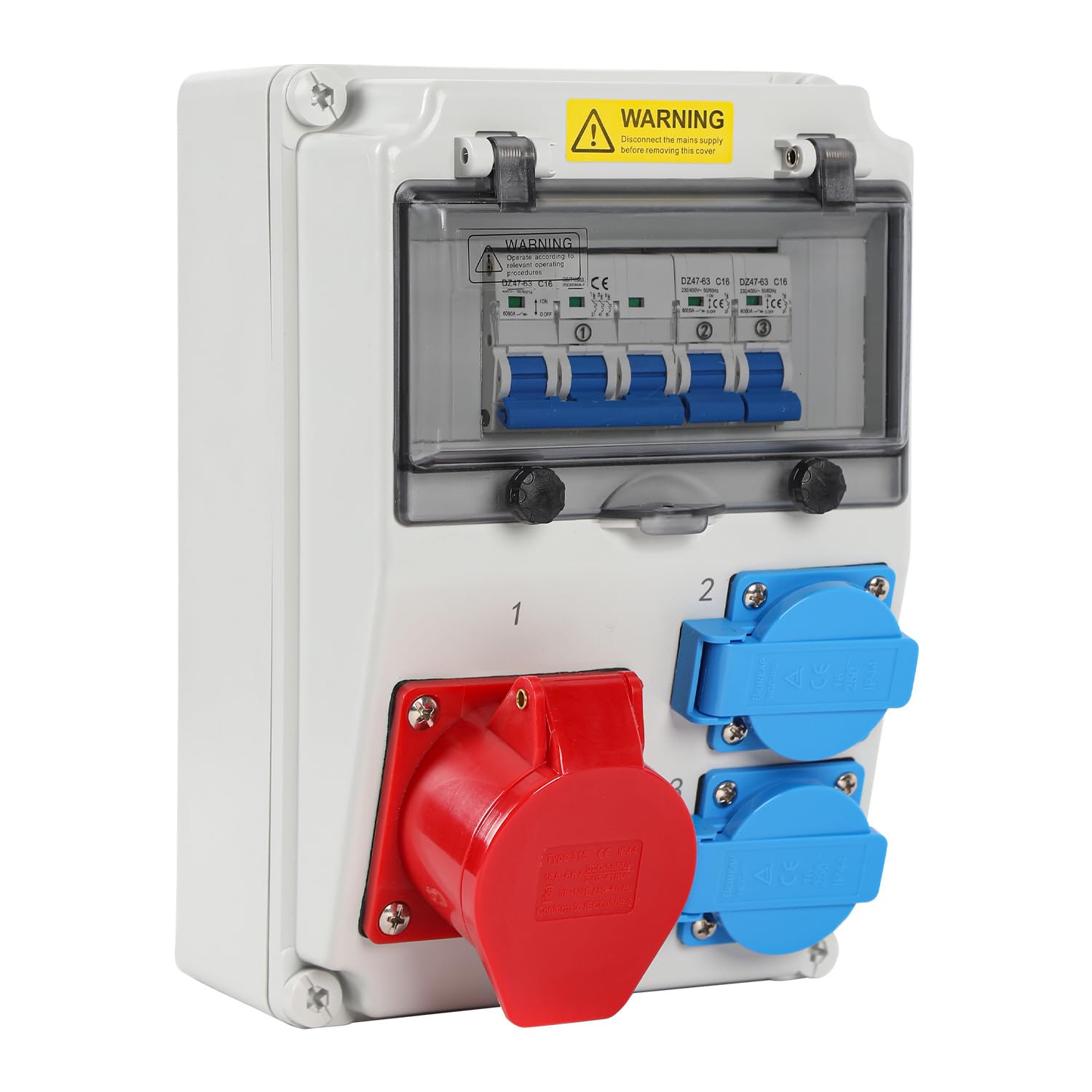 Stromverteiler 16A Industrie IP65 Wandverteiler mit 2x Schuko und CEE 16A 5-polig, mehrfach abgesichert mit LS-Schaltern, robuster Baustromverteiler für Gewerbe und Außenmontage
