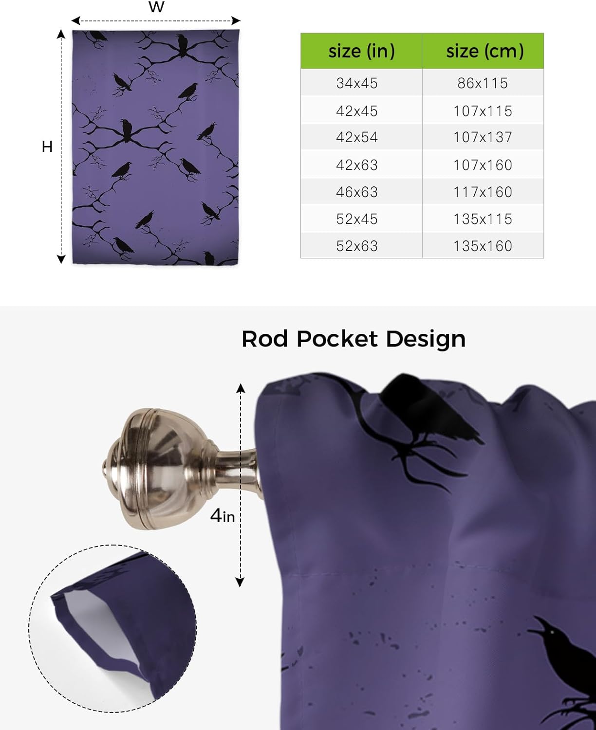 YOKOU Curtains Balloon Window Shade Halloween Black Crow Branch Purple Rod Pocket Curtain Adjustable Tie Up Short Curtains for Small Windows Kitchen,1 PCS 46 x63 inch