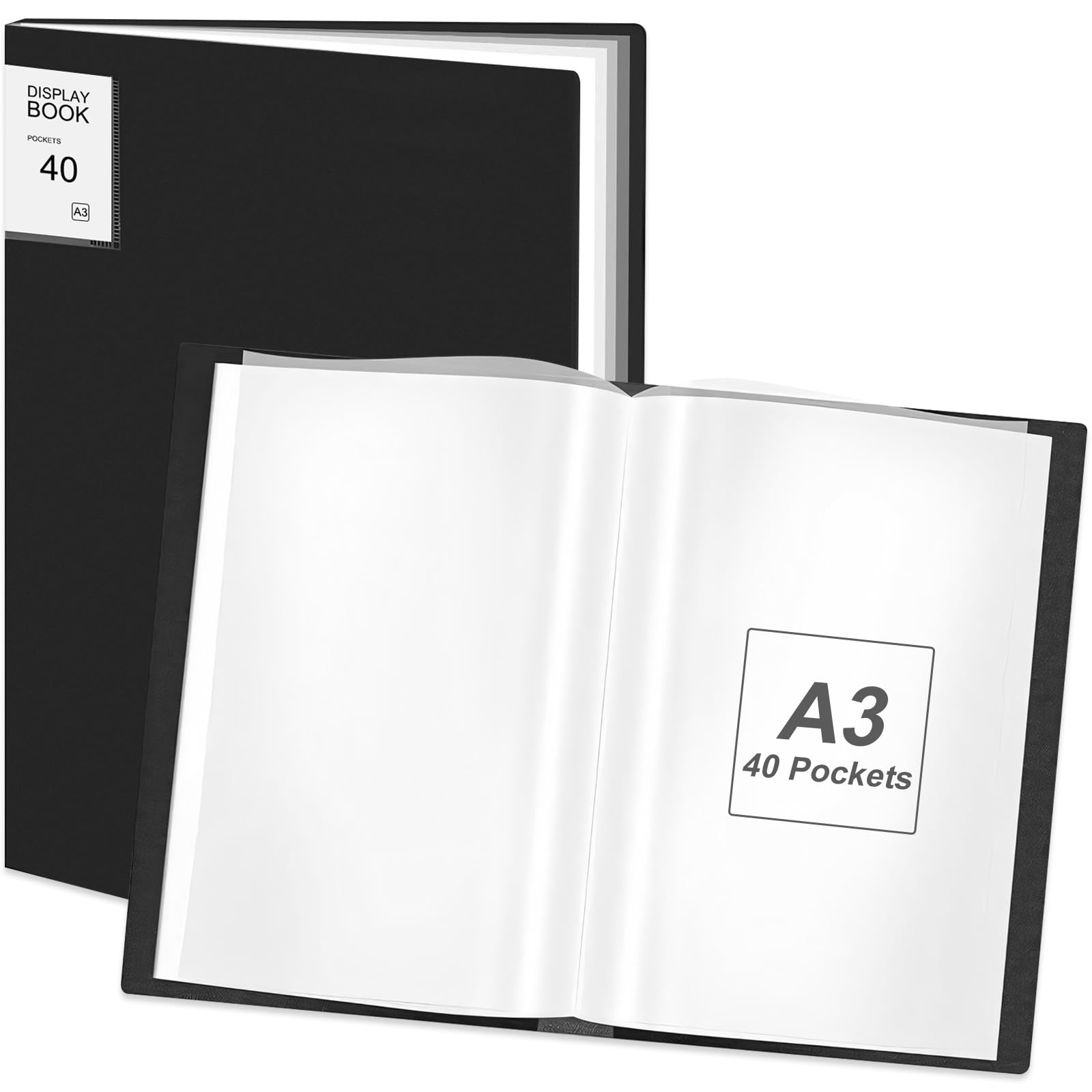 A3 Display Book Folder with Clear Plastic Sleeves, 40 Pockets Presentation Folders, Document Organiser Clip, Portfolio Holder for Storage Painting, Artwork, Report, Drawing, Certificate (Black)