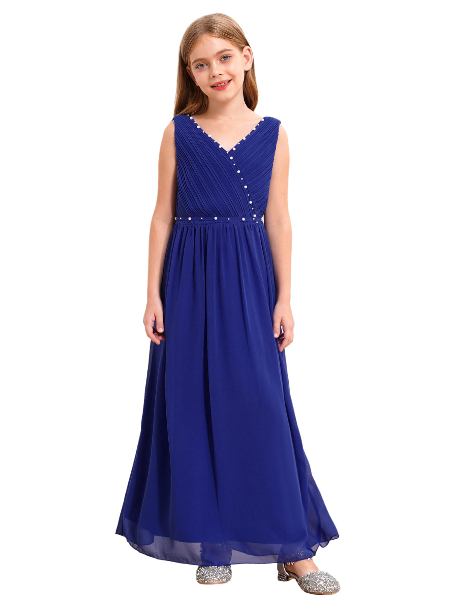 ranrann Robe de Cérémonie Fille Long sans Manches avec Perles Nœud Papillon | Robe Mariage,Demoiselle d'Honneur,Princesse,Bal,Soirée,Communion,Fête,Anniversaire pour Enfant 5-16 Ans