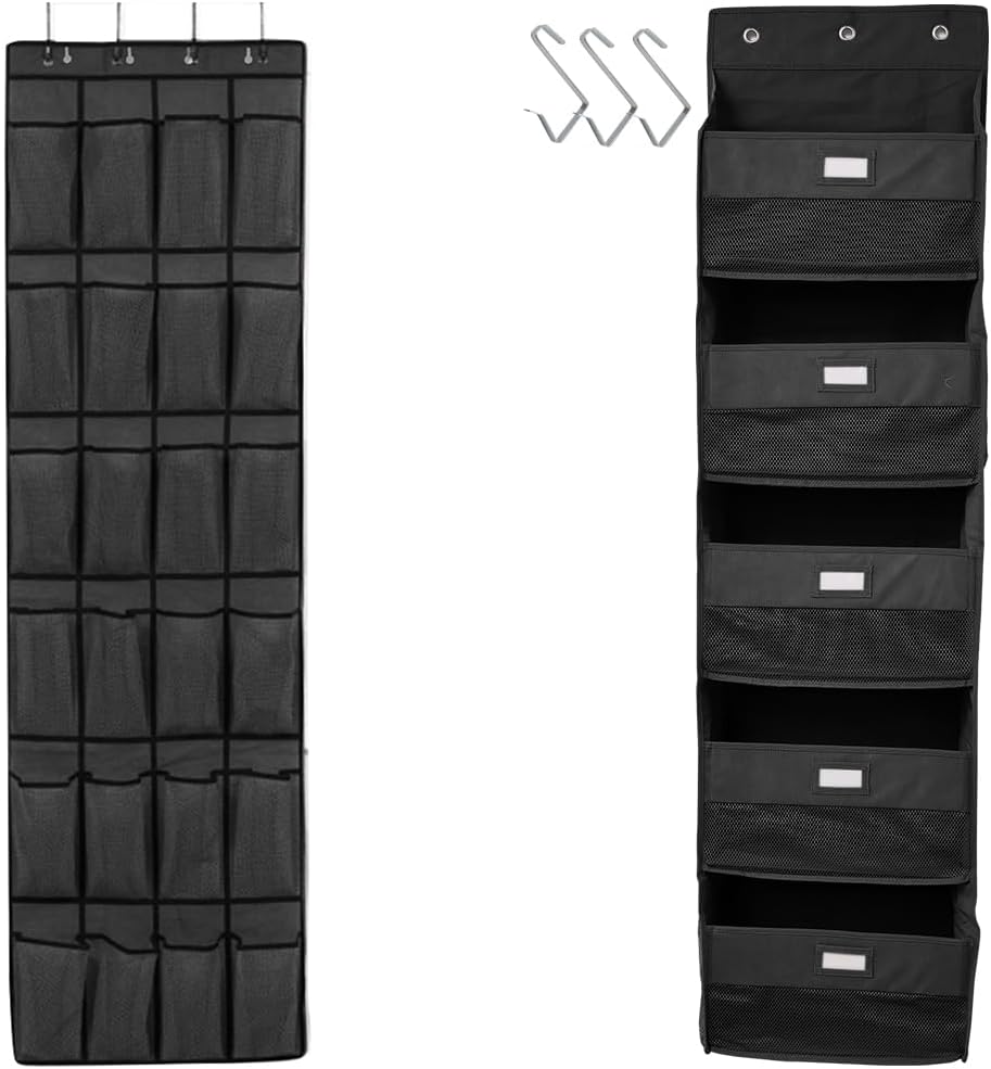 GORILLA GRIP Shoe Organizer, 24 Pockets, Jet Black and Over the Door Organizer, Black Bundle