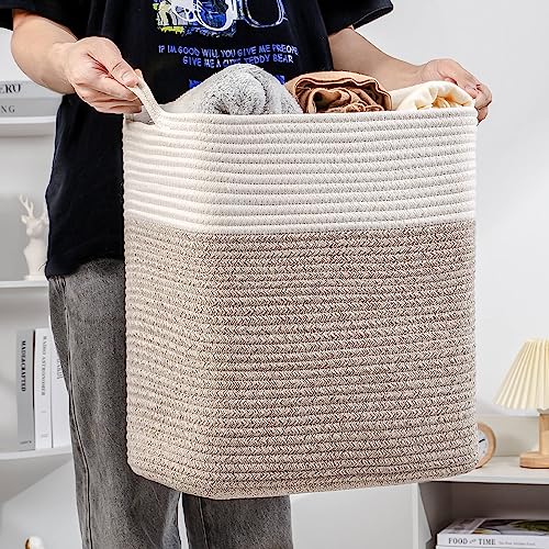 Laughbird Small Slim Laundry Hamper-Large Laundry Basket,Tall Cotton Storage Basket With Handles,Decorative Blanket Basket For Living Room,Collapsible Large Basket For Toys,Dirty Clothes,Pillows,Clothes Bin-15"X10"X15.7"In-(White/Brown) #TOP1