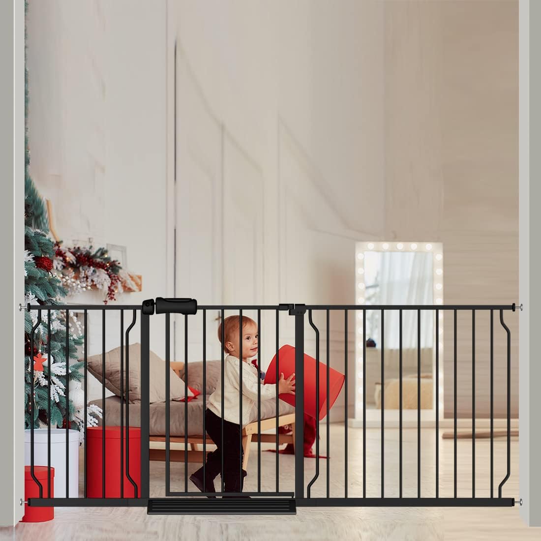 Extra Wide Baby Gate 71.6-76.37 Inch Black, Walk Through Pressure Mounted No Drill Long Large Tension Metal Gate for Dog and Toddler 71.5-76 Inch