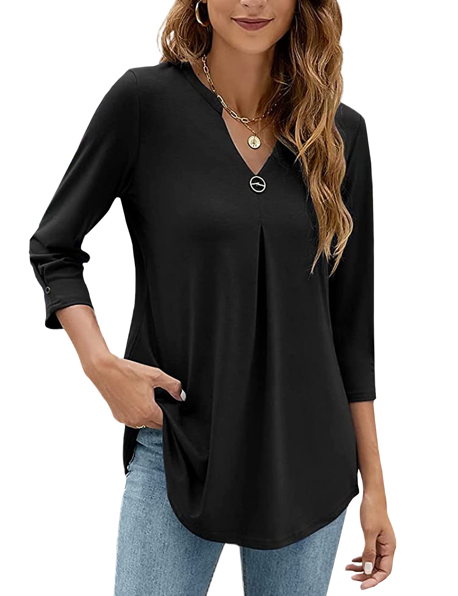 HANERDUN Blusas Mujer Elegantes Camiseta de Manga 3/4 con Cuello en V Verano Top Túnica