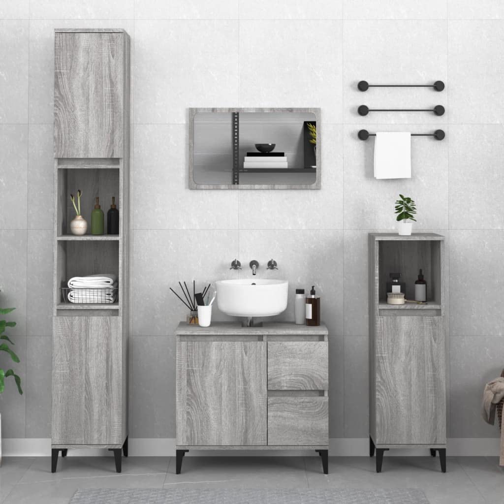 ChicAbode 3-TLG. Badmöbel-Set Grau Sonoma Holzwerkstoff Badschrank Metallfüße, Badezimmer Unterschrank Hochschrank Midischrank, Badezimmermöbel Küche, Haushalt & Wohnen
