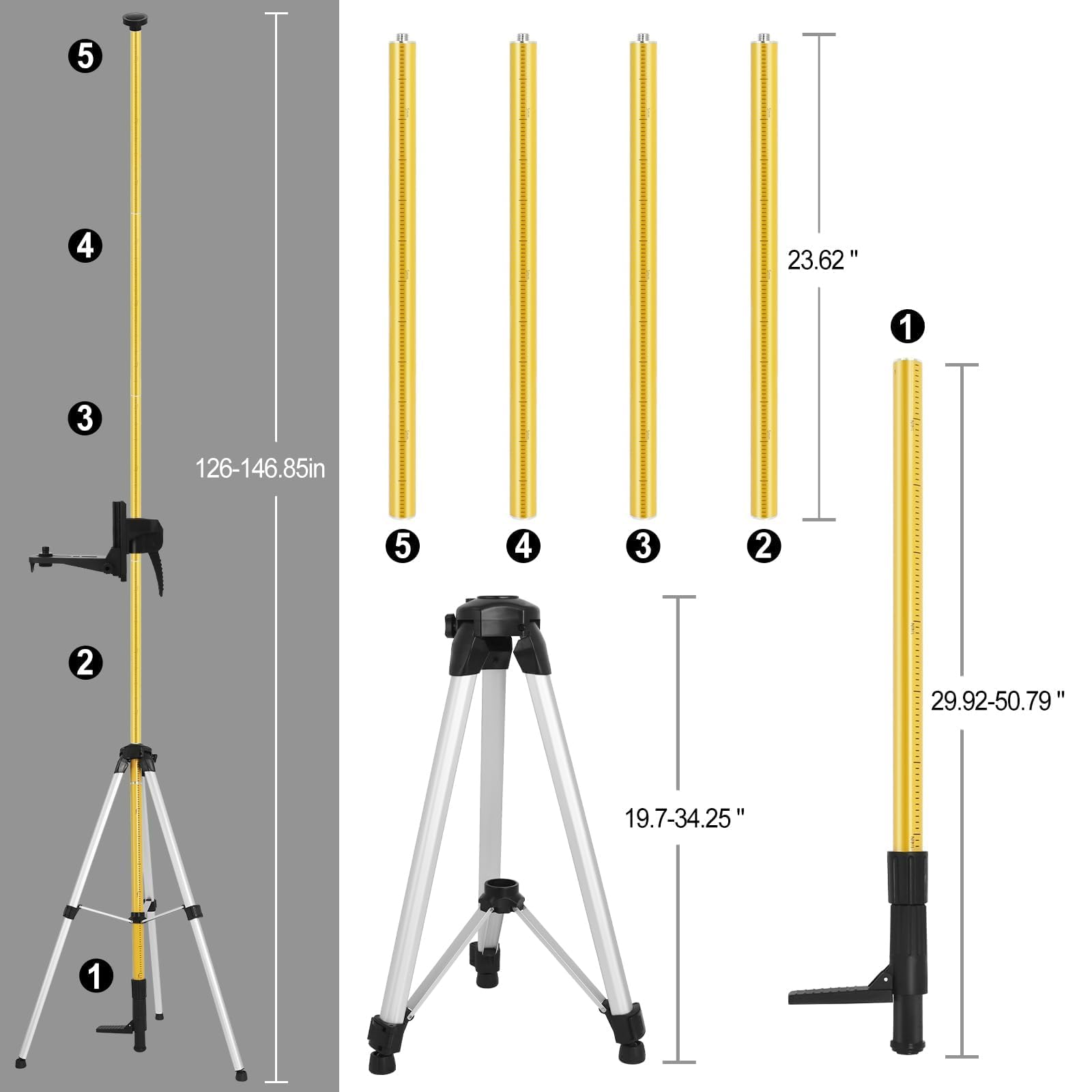 Perche Télescopique Réglable 3,7 m avec Trépied,Laser Level Tripod avec Base de Montage de 1/4“ x 20” et Adaptateur Fileté 5/8"-11 pour Les Niveaux Laser Rotatifs et Linéaires