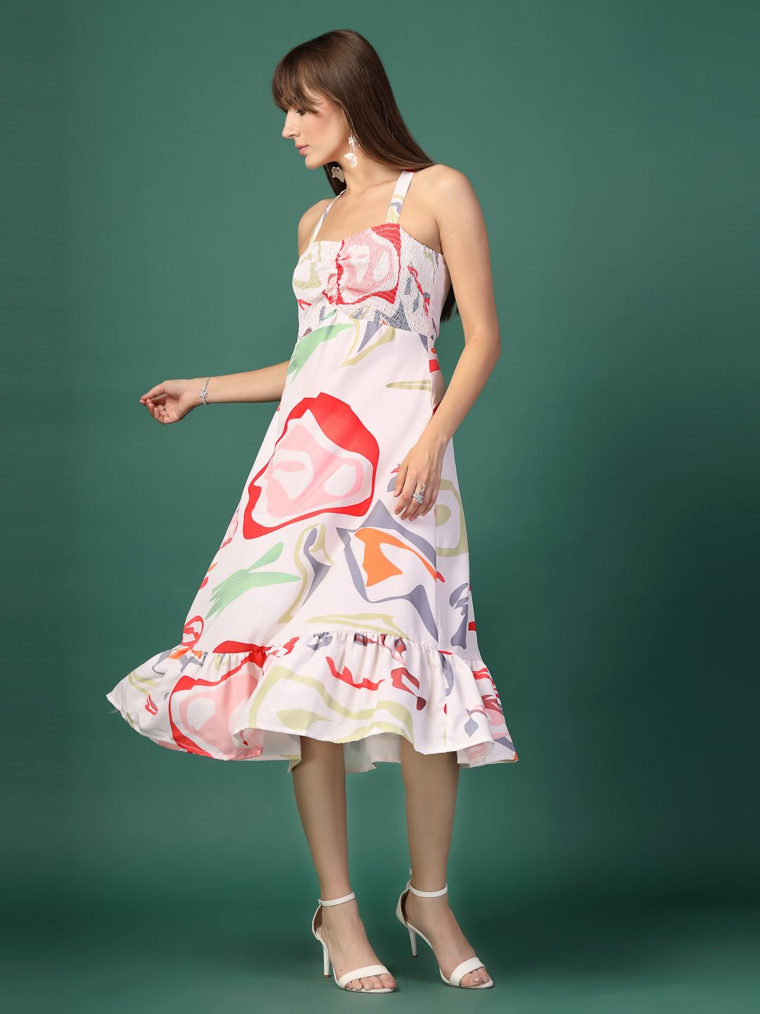 Oomph Women's Western & Fusion Wear Printed Crepe Dress For Women, Smocked Bodice, White - Md1053