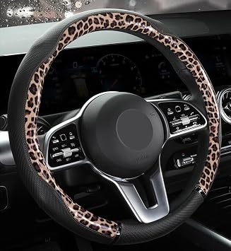 Peach Wood Grain Steering Wheel Cover Anti-Slip Breathable Durable Leather Four Seasons Universal 15 Inch Car Wrap Cover Leopard-Coffee