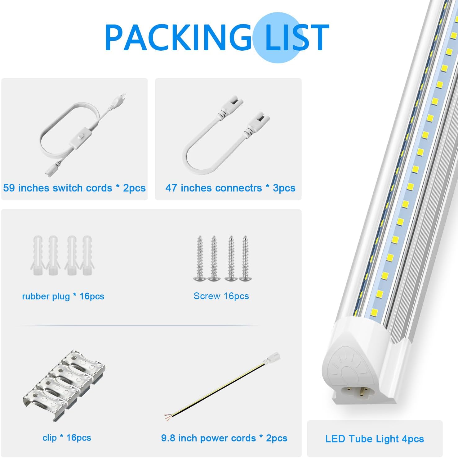 SHOPLED LED Shop Light 8FT, 100W 5000K Daylight White, 15000LM Clear Cover, V Shape, T8 LED Tube Light Fixture, High Output, 8 Foot for Garage, Workshop, 4 Pack