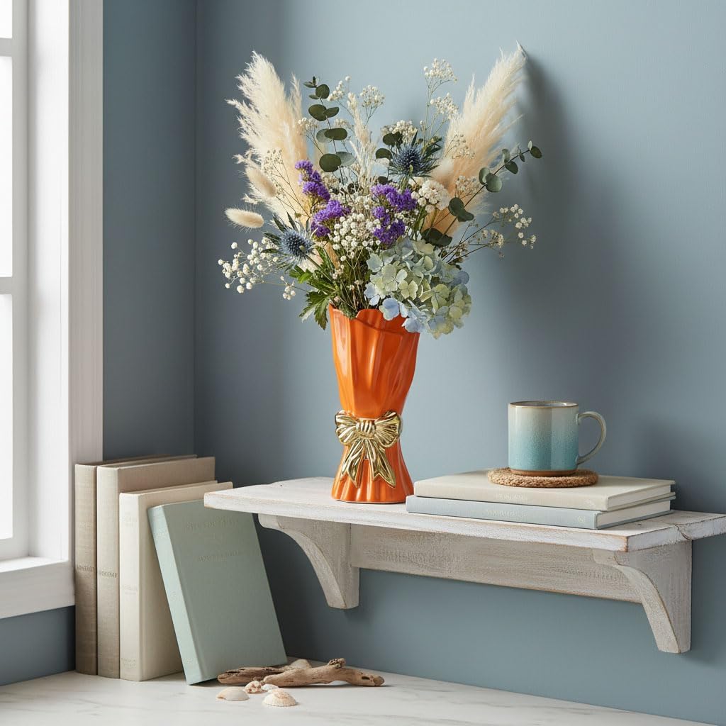 Ceramic Bow Vase,Orange Gold Coquette Girly Bouquet Vase Aesthetic, 9.4 in Tall Wide Mouth Floral Vases for Fresh/Dried/Faux Flowers,Cute Home Decor for Home Living Room Table Shelf,for Mom Women