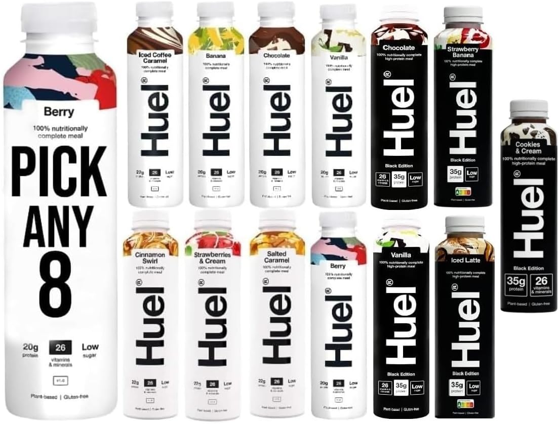 Huel PICK ANY 8 Ready To Drink Nutritionally Complete Meal from 8+ Flavours Inc.Chocolate, Banana, Vanilla, Berry, Salted Caramel, Iced Coffee Caramel, Strawberries & Cream, BLACK EDITION (Each 500ml)