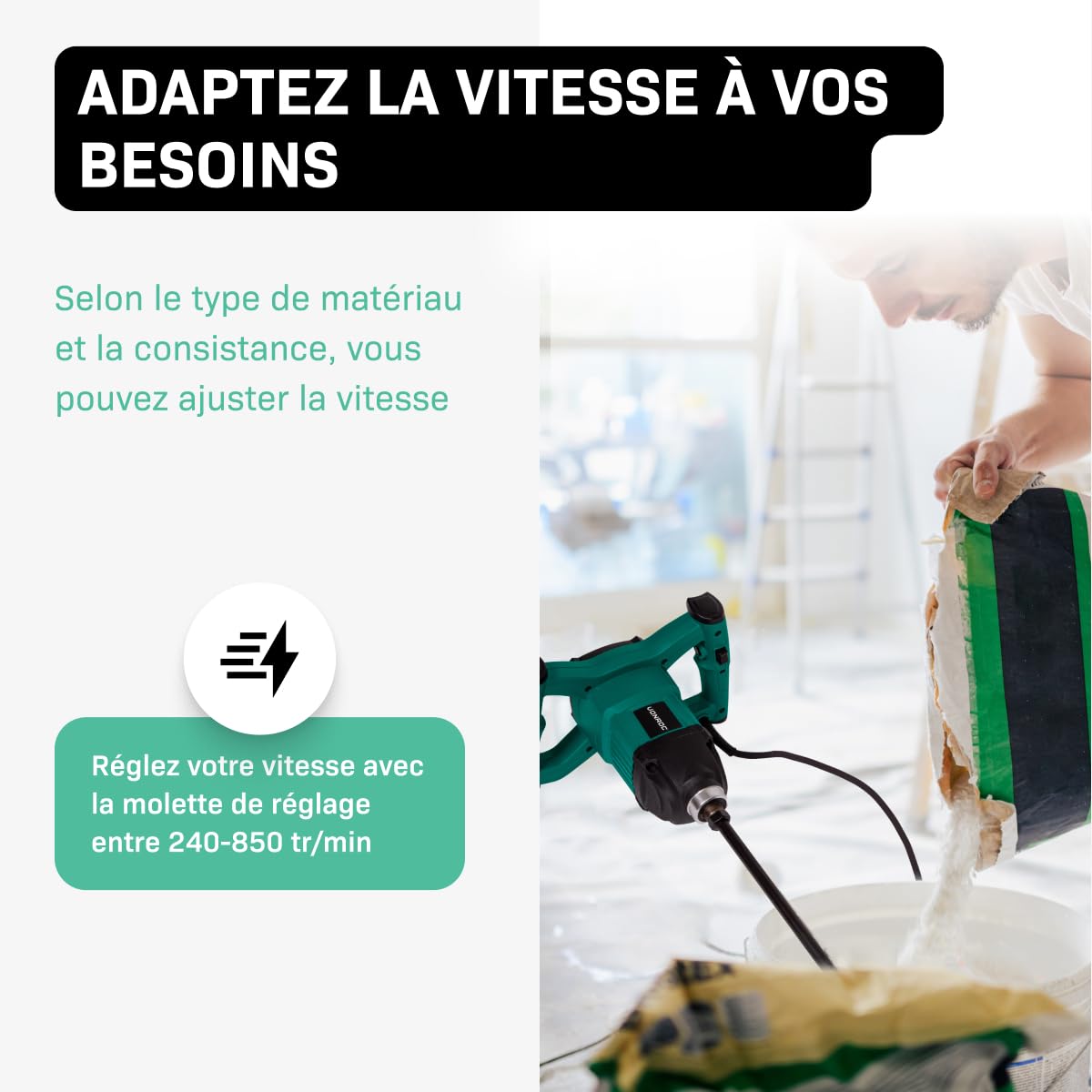 VONROC Mélangeur peinture/béton 1200 W - 2 vitesses - Pour peinture, plâtre, papier peint, ciment - Régulateur vitesse constante - Câble caoutchouc 3m - Agitateur 120x600mm inclus - Couleur Verte