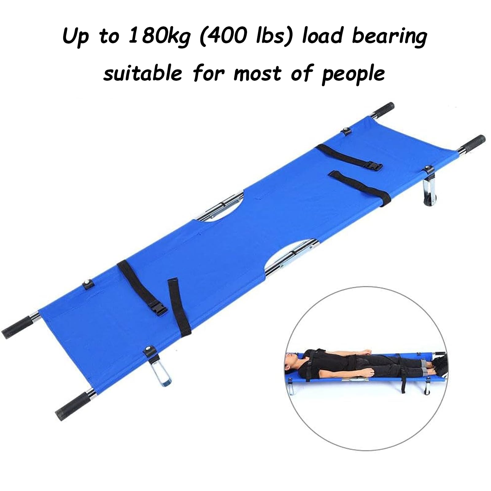 Barella portatile pieghevole, in grado di supportare 440 libbre | Barella di salvataggio pieghevole leggera, con 2 cinghie di fissaggio e maniglie in gomma granulare antiscivolo(Blue)