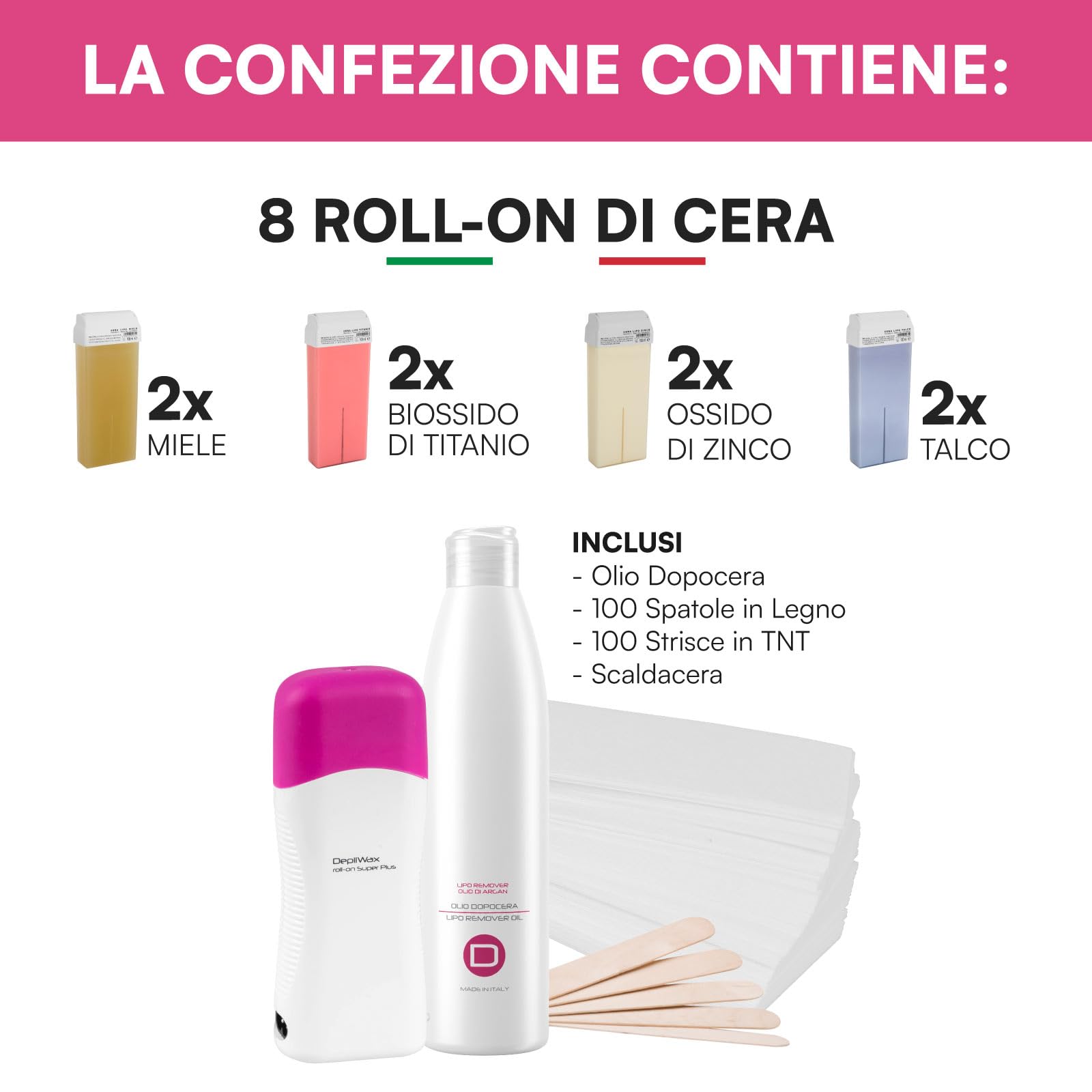 Kit Completo Ceretta Liposolubile Roll-On al Miele, Talco, Ossido di Zinco e Biossido di Titanio + Scalda Cera a Rullo + Dopocera Olio di Argan + Spatole in Legno + Strisce Depilatorie - Set da 12