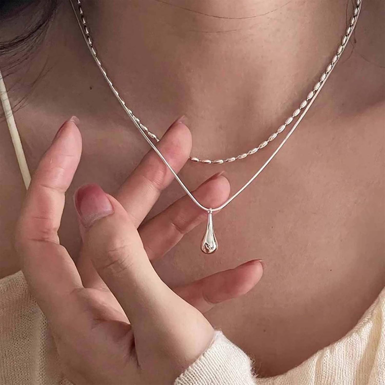 Boho Layered Teardrop Pendant Necklace Silver Waterdrop Tiny Chain Necklace Vintage Rice Bead Choker Necklace Adjustable Water Drop Necklace Jewelry for Women - Image 2