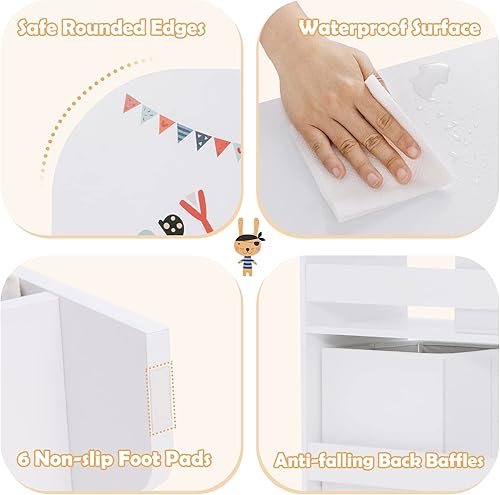 Miniatura 12 de Costzon Organizador de juguetes y libros para niños, armario de almacenamiento de madera con 5 estantes, 2 cajas y 3 ranuras, perfecto para sala de