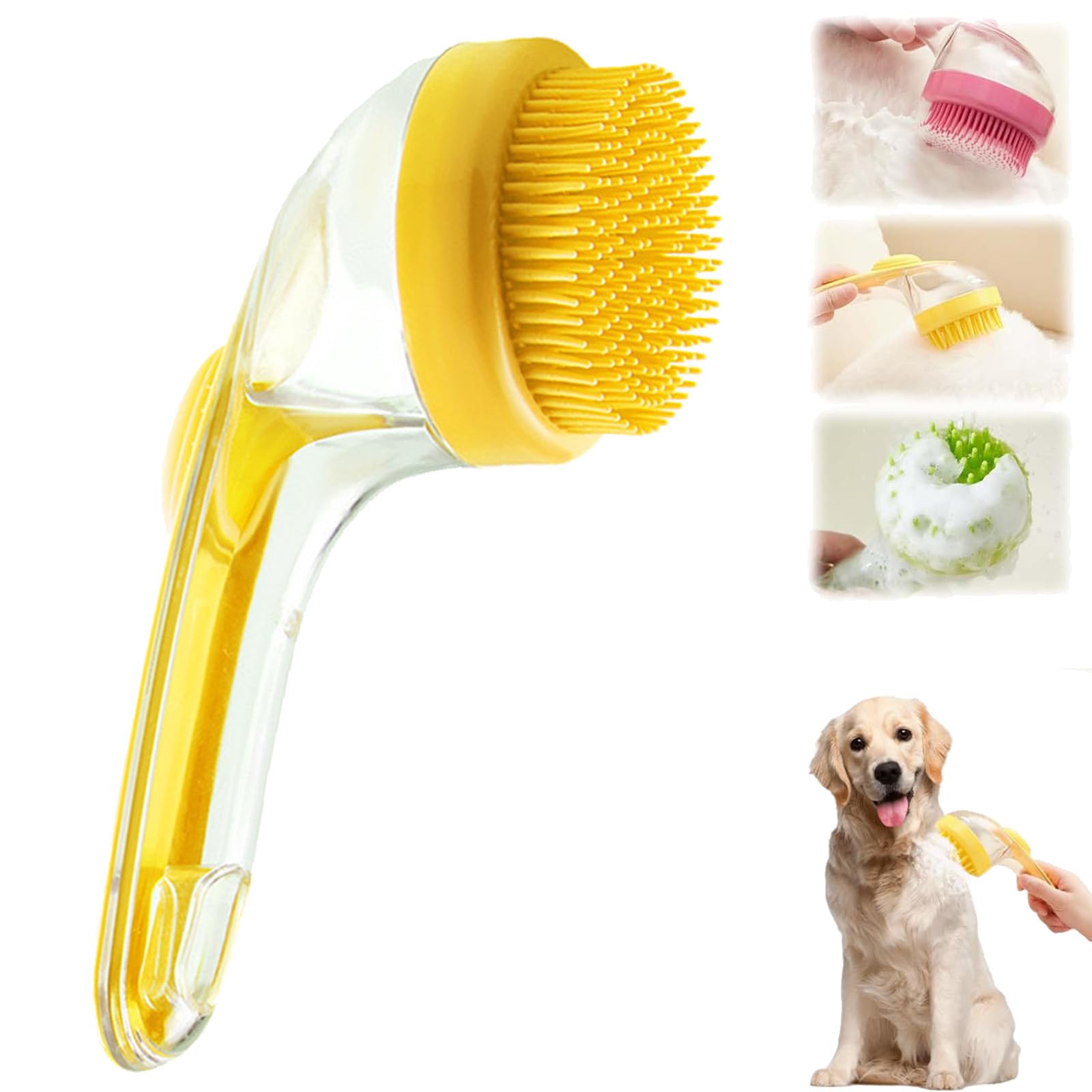 ZANWANXIN Pet Bath Brushs with Soap Dispenser,Hair Brush Pet Bath Brush with Shampoo Dispenser, French Bulldog Bathing Brushs (Yellow, Fine bristle brush)