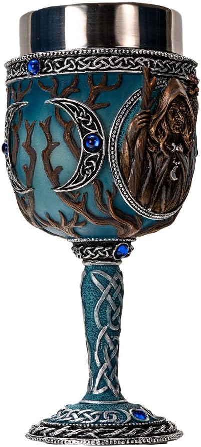 Pacific Giftware Triple Goddess Mother Goblet 7oz Mystical Wiccan Wine Cup with Stainless Steel Liner and Resin Exterior Featuring Mother Goddess Design (Blue)