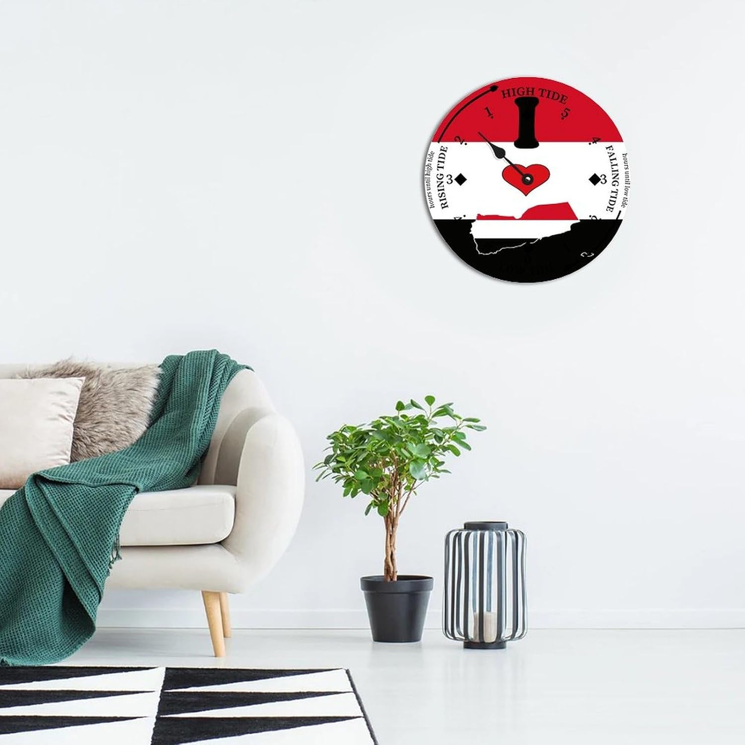 National Vintage Beach Time Tide Clock - Yemen Flag Tidal Clock Moon Clock Silent Non-Ticking Battery Operated Wooden Wall Clock for Cottage Beach Boat Living Room Bedroom Home Decor 12 Inch