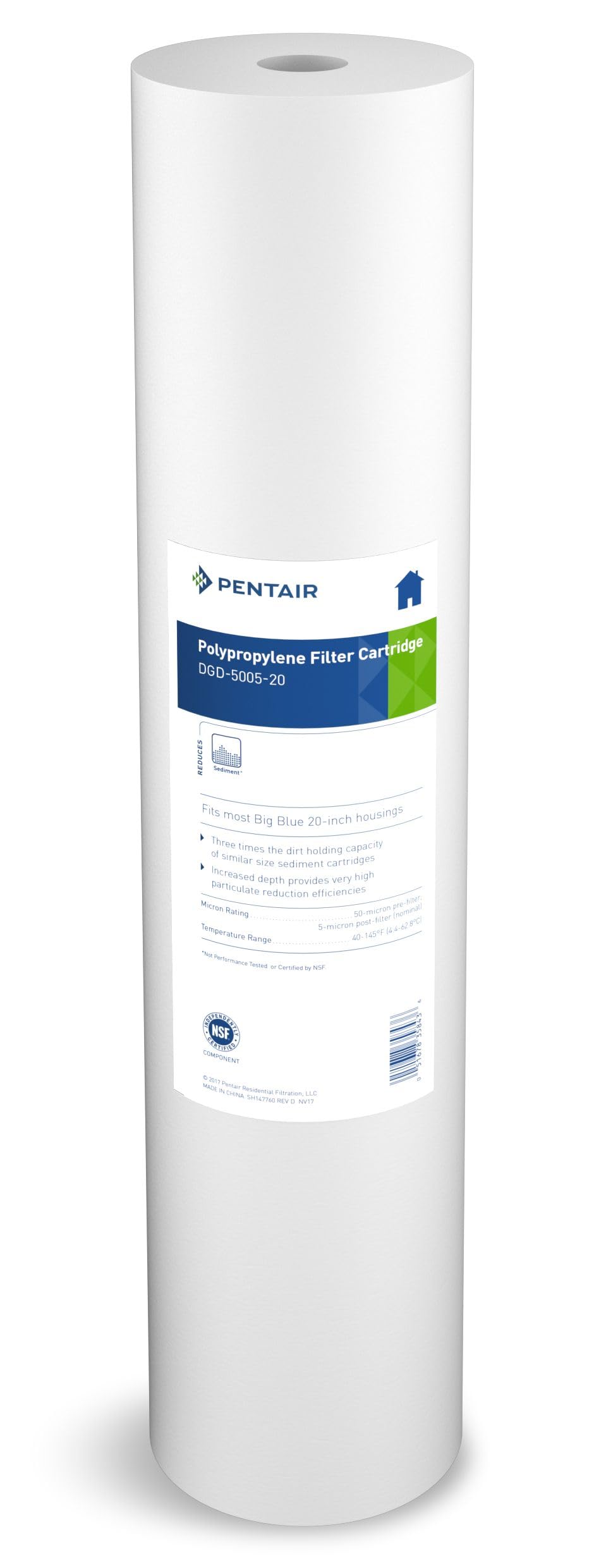 PentekPentair DGD-5005-20 Big Blue Water Filter, 20-Inch Whole House Sediment Filter Cartridge Replacement, Dual-Gradient Density Spun Polypropylene, 20" x 4.5", 5 Micron, Pack of 6, White