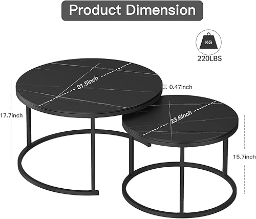 Miniatura 2 de Moderno juego de 2 mesas auxiliares de pizarra anidada parte superior redonda de piedra sinterizada con marco de metal resistente para sala de estar