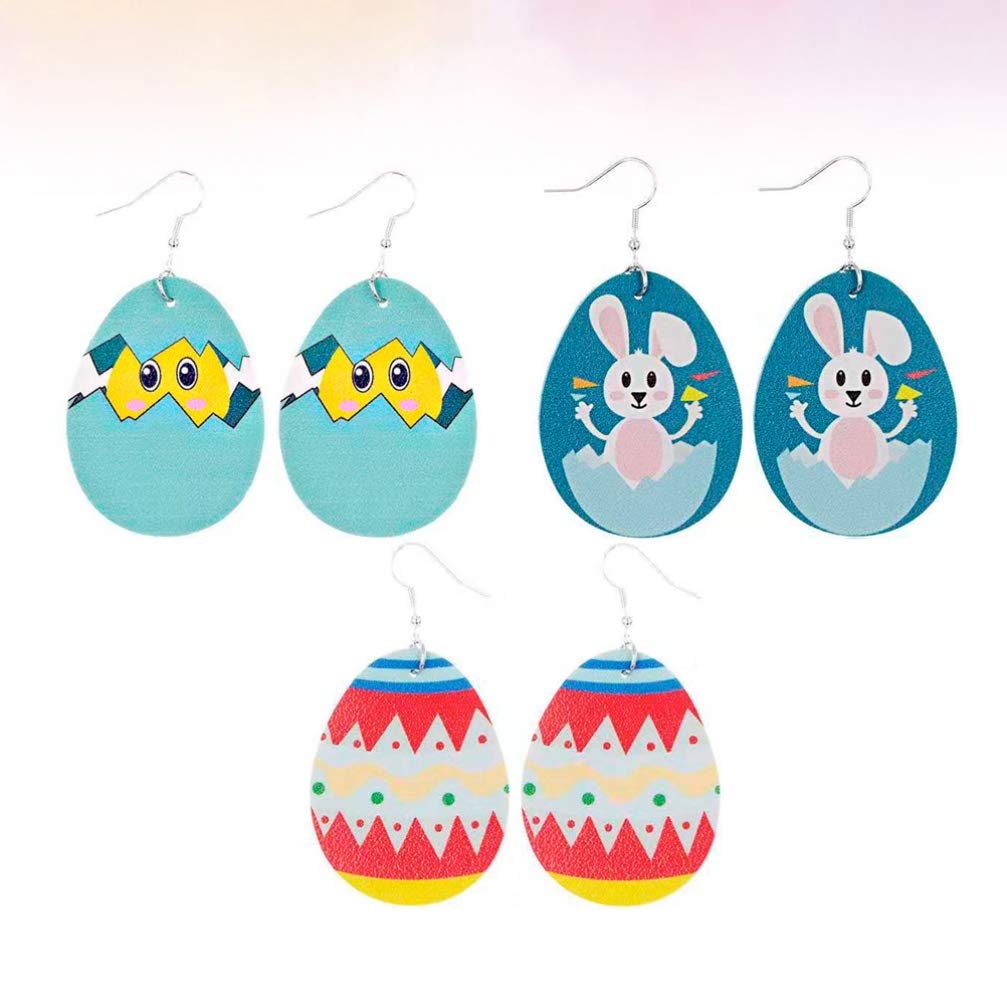 3 Pairs Faux Leather Lightweight Teardrop Easter Egg Bunny Dangle Earrings for Spring Party Holiday Festival Favor Jewelry