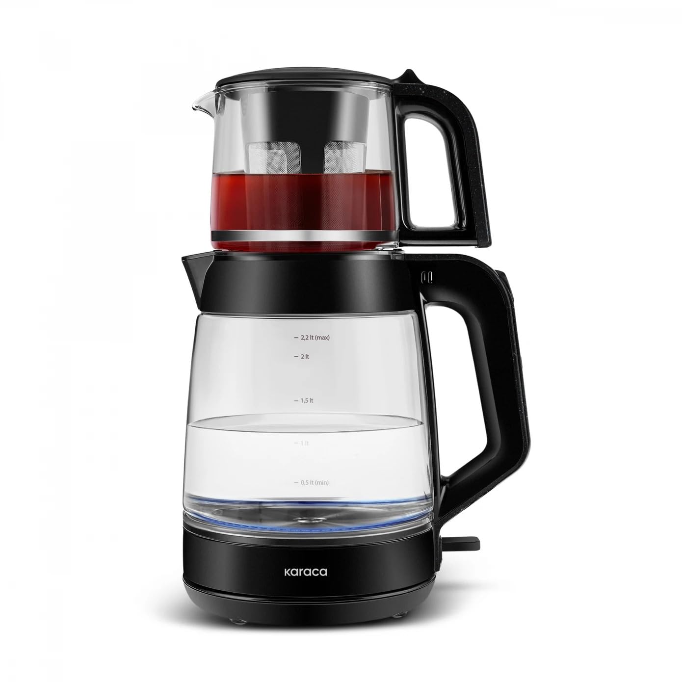 Karaca Glass Tea XL 2 in 1 Glas-Teemaschine & Wasserkocher Shiny Black, 0,9L Teekapazität & 2,2L Wasserkapazität, energieeffizient, automatische Warmhaltefunktion, 360° drehbare Basis, LED-Anzeige
