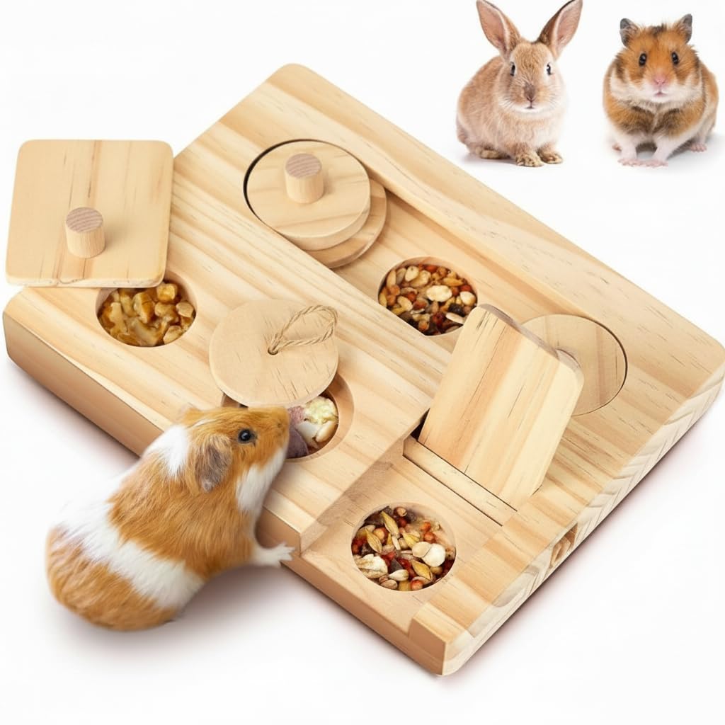 Xygobla Guinea Pig Foraging Toys, 6 in 1 Wooden Interactive Enrichment Toy for Hamsters, Rabbits, Chinchillas, Rats & Gerbils – Treat Dispenser for Small Animals