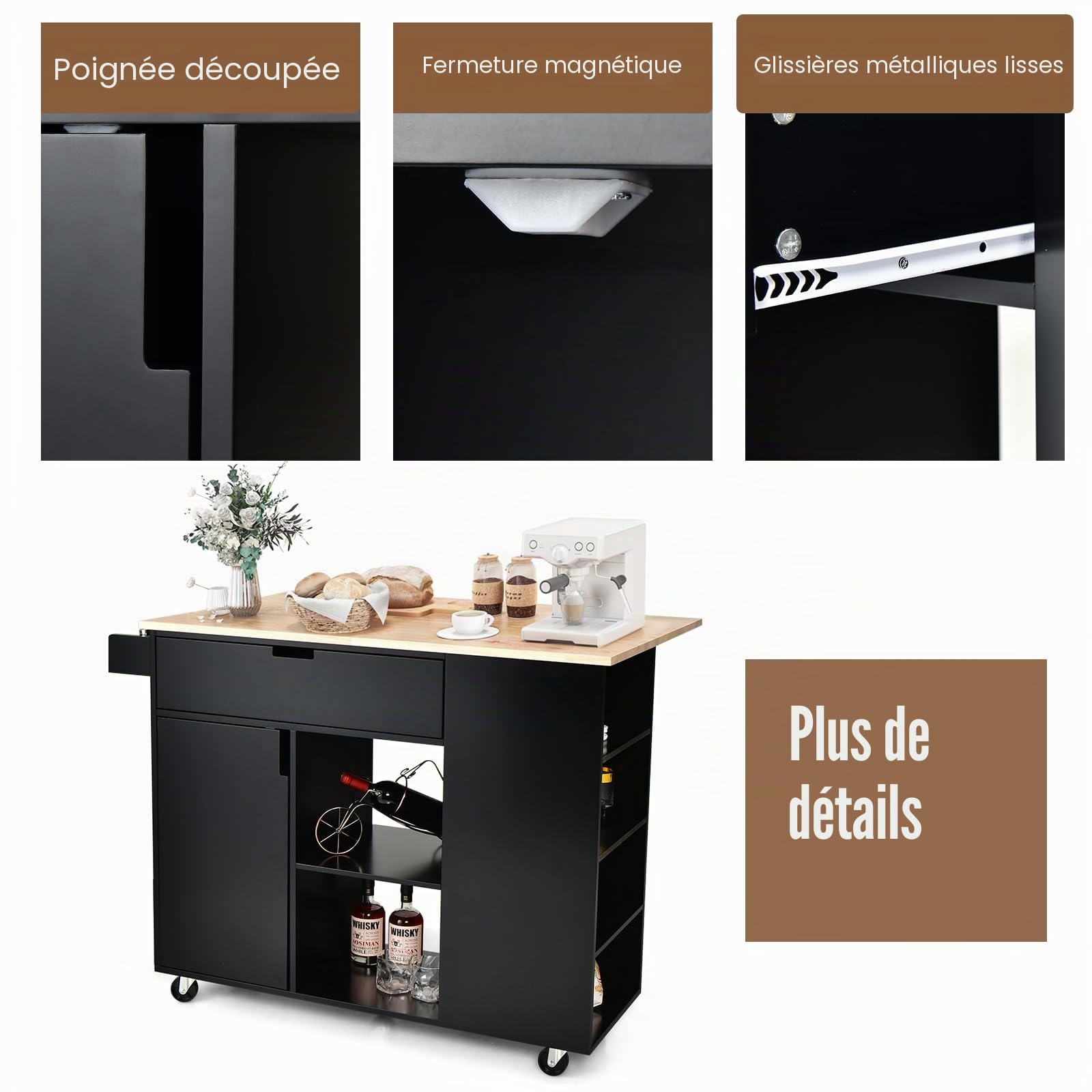 KOMFOTTEU Îlot Central Mobile avec Plan de Travail en Bois Massif, Desserte de Cuisine avec Tiroirs, Armoire à Porte & Étagères latérales, Desserte de Service, 124 x 76 x 92 cm (Noir)