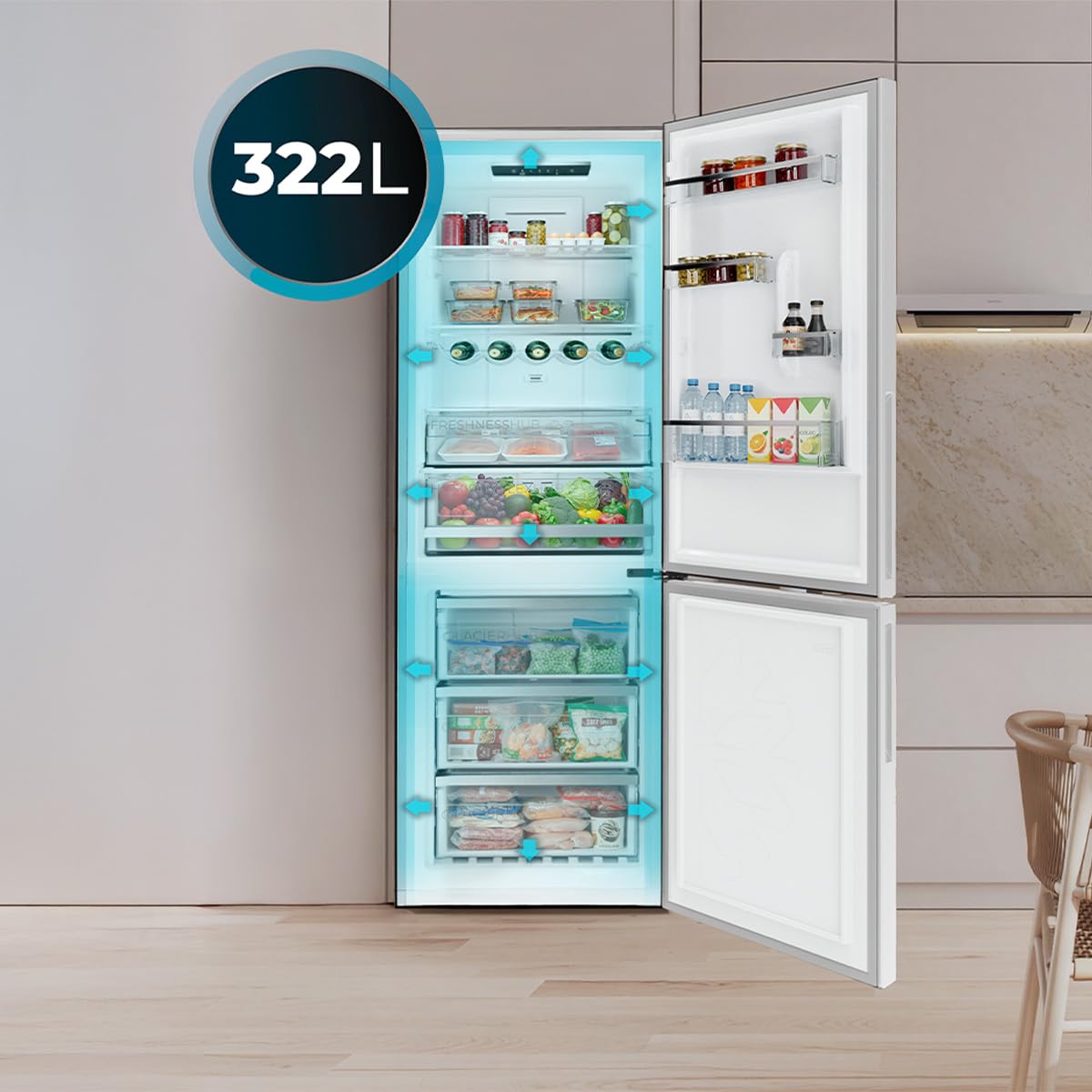 Cecotec Frigorifero Combinato con Dispenser Acqua 322L Bolero CoolMarket Combi 322i WD Inox D. Altezza 185,5cm, Larghezza 59,5cm, Tecnologia Multi Airflow, HumidityFlex HUB, LED Interno